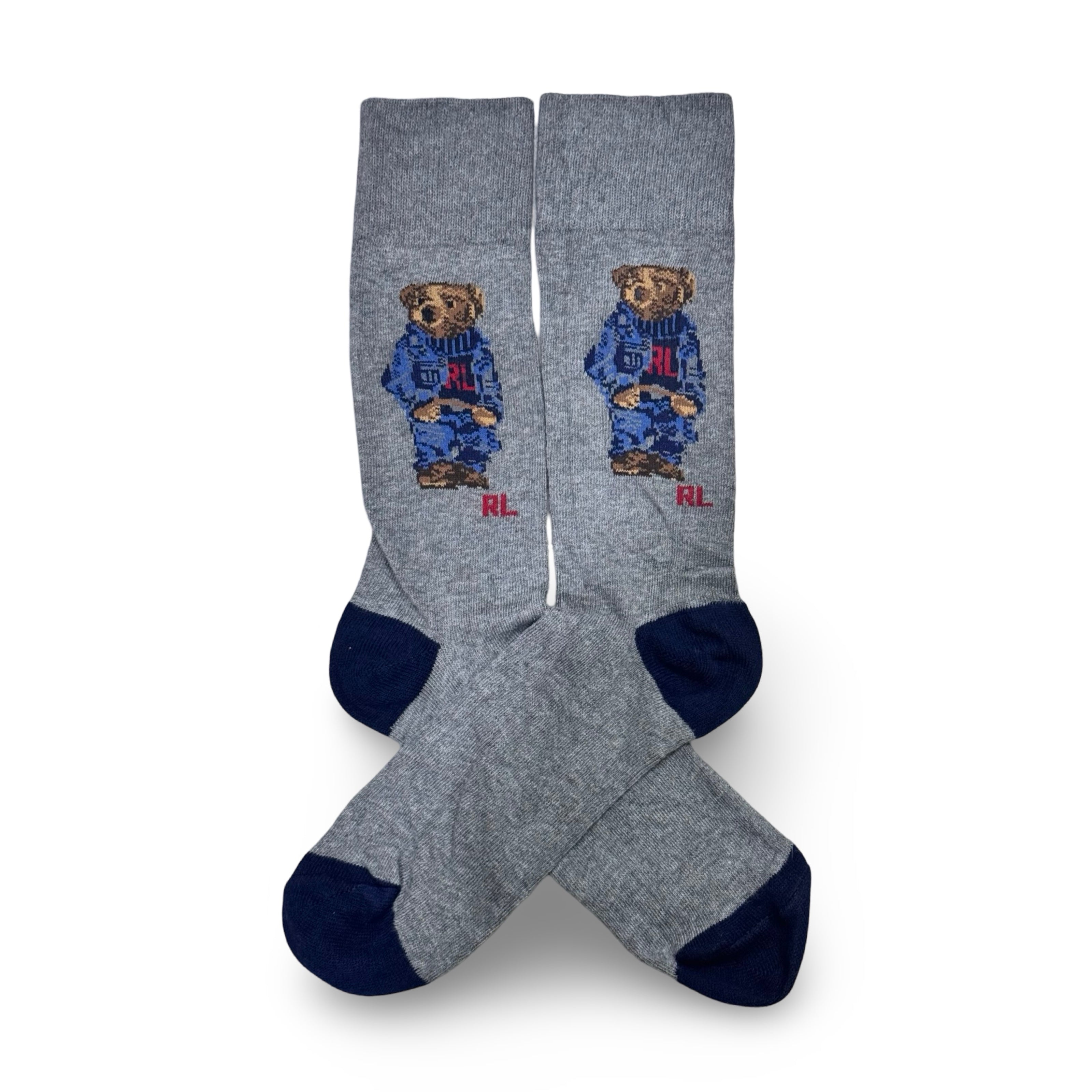 Ralph Lauren grey Polo Bear socks — worn on foot detail