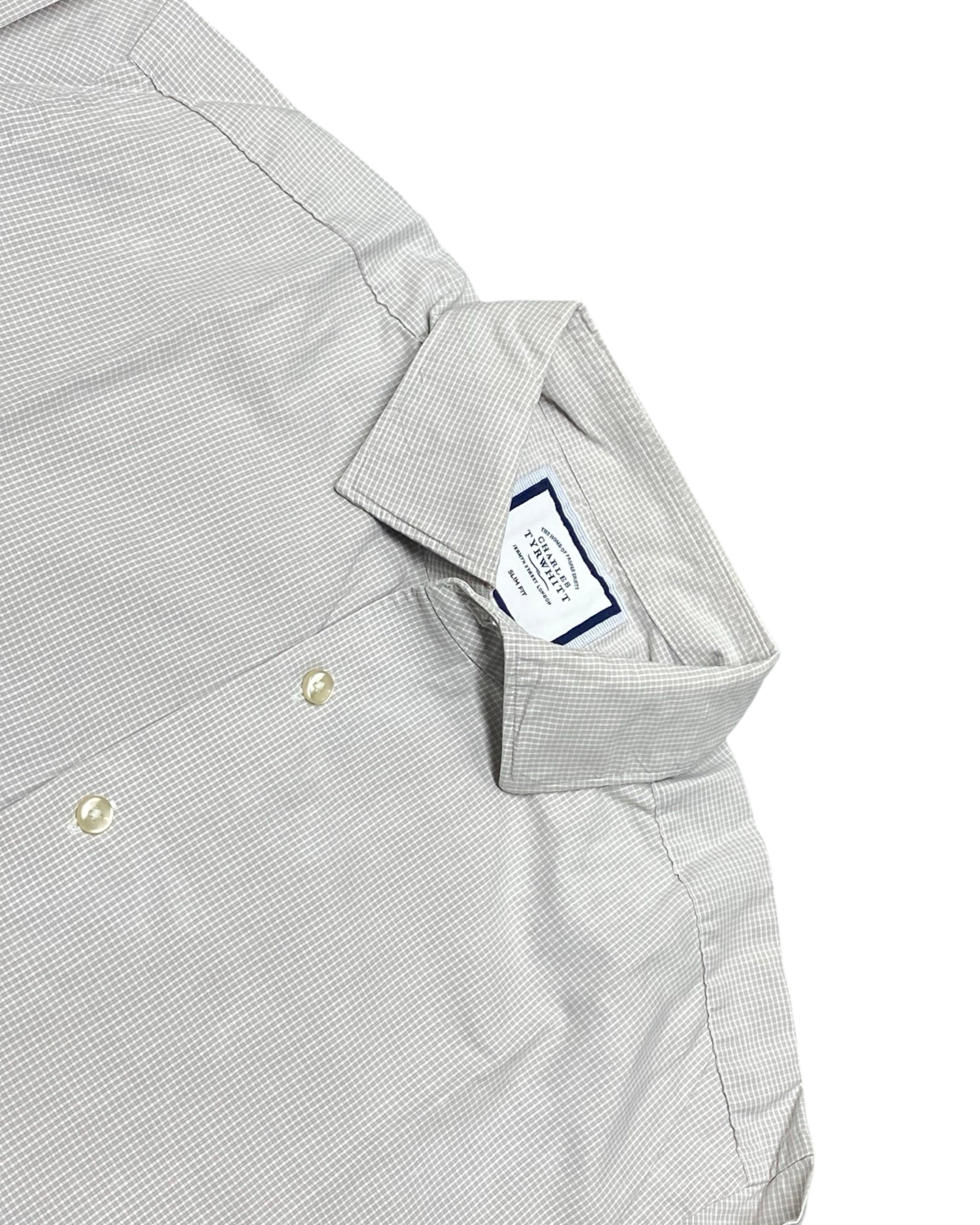 Charles Tyrwhitt Beige Micro-Check Long-Sleeve Shirt | Chest 24” | Large