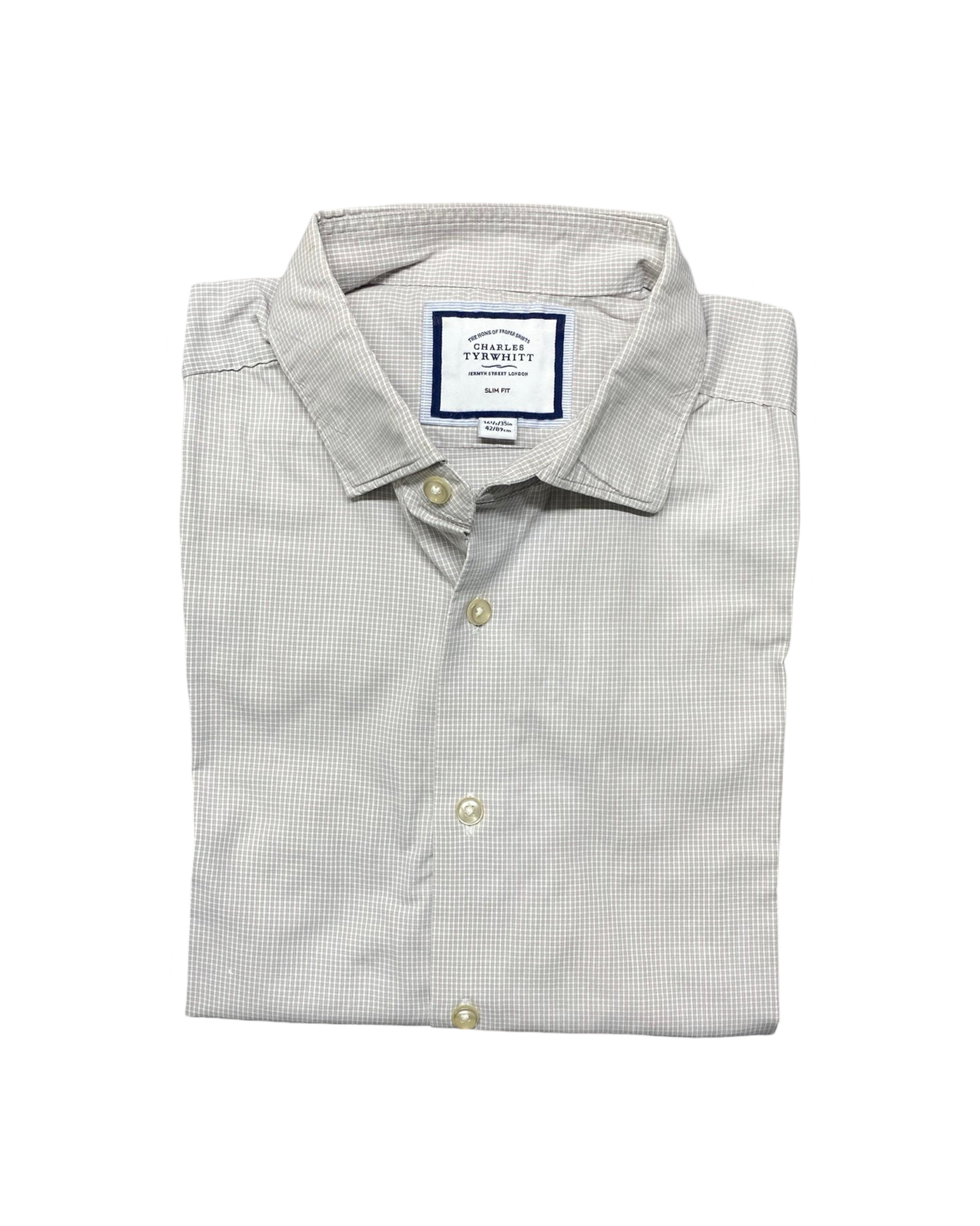 Charles Tyrwhitt Beige Micro-Check Long-Sleeve Shirt | Chest 24” | Large