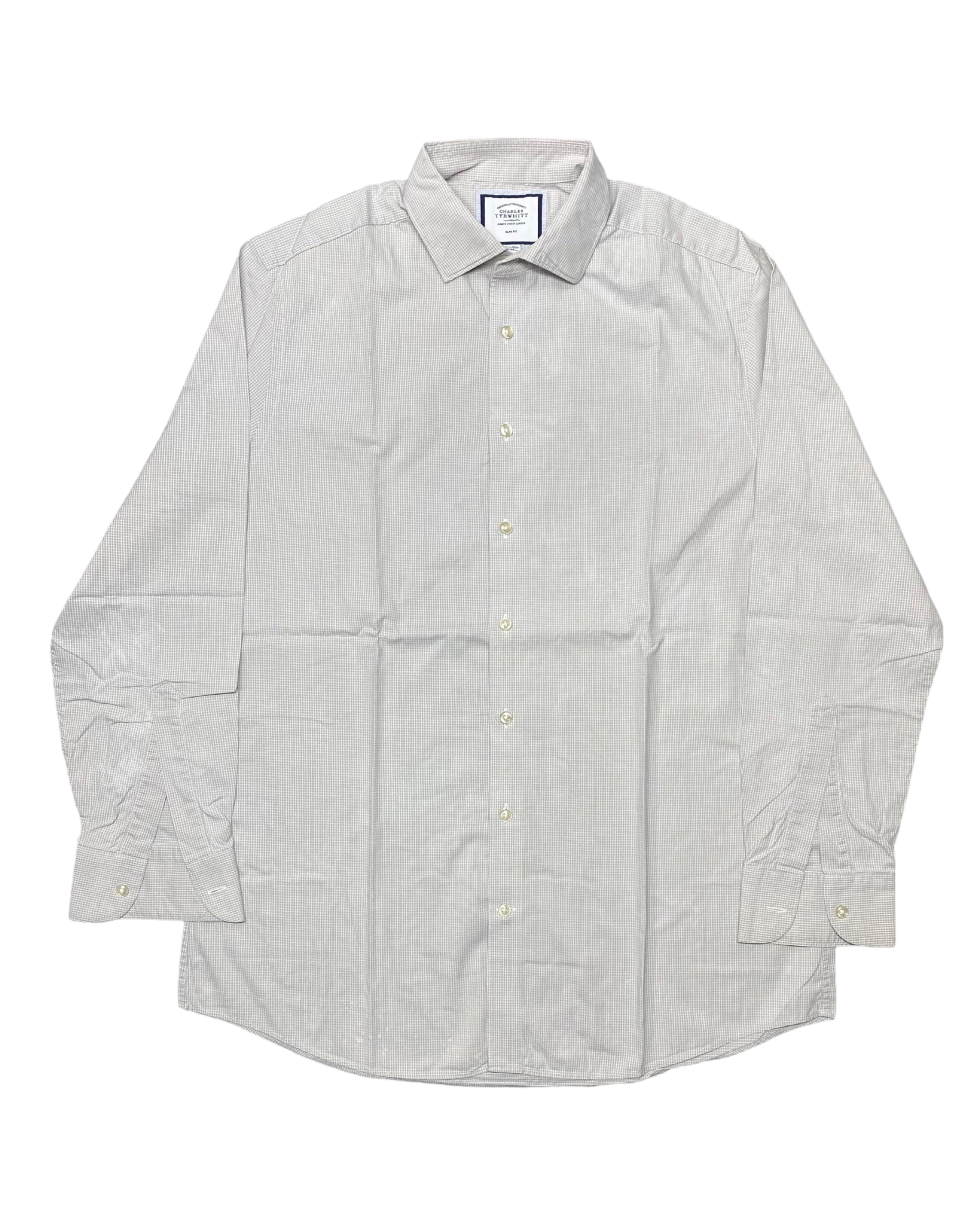 Charles Tyrwhitt Beige Micro-Check Long-Sleeve Shirt | Chest 24” | Large