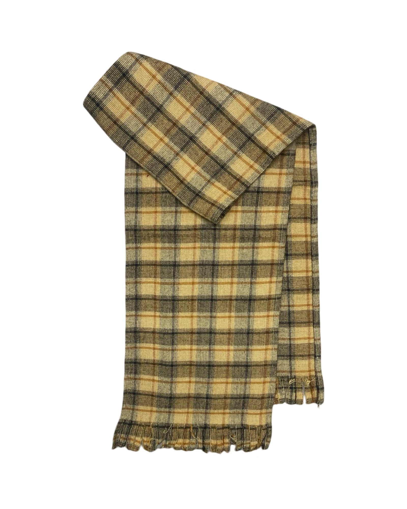 Vintage Plaid Wool Scarf | Earthy Yellow & Brown Tones | 00217
