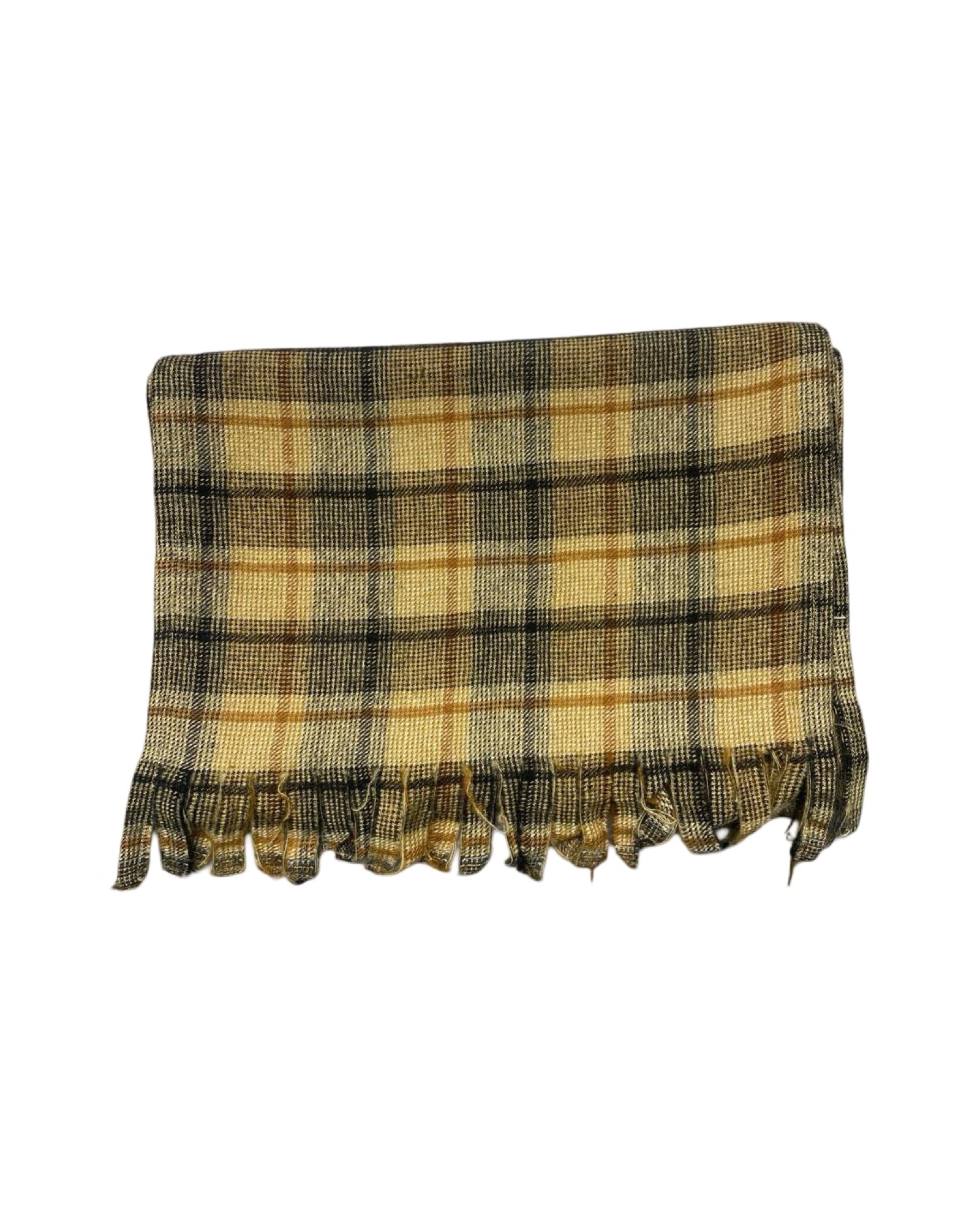 Vintage Plaid Wool Scarf | Earthy Yellow & Brown Tones | 00217