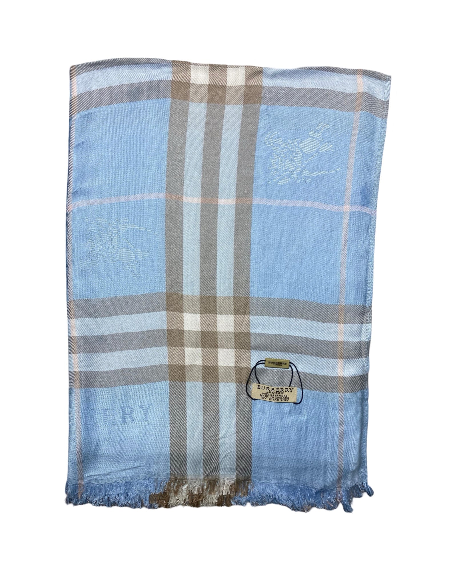 Burberrys Light Blue Plaid Checkered Shawl | 009