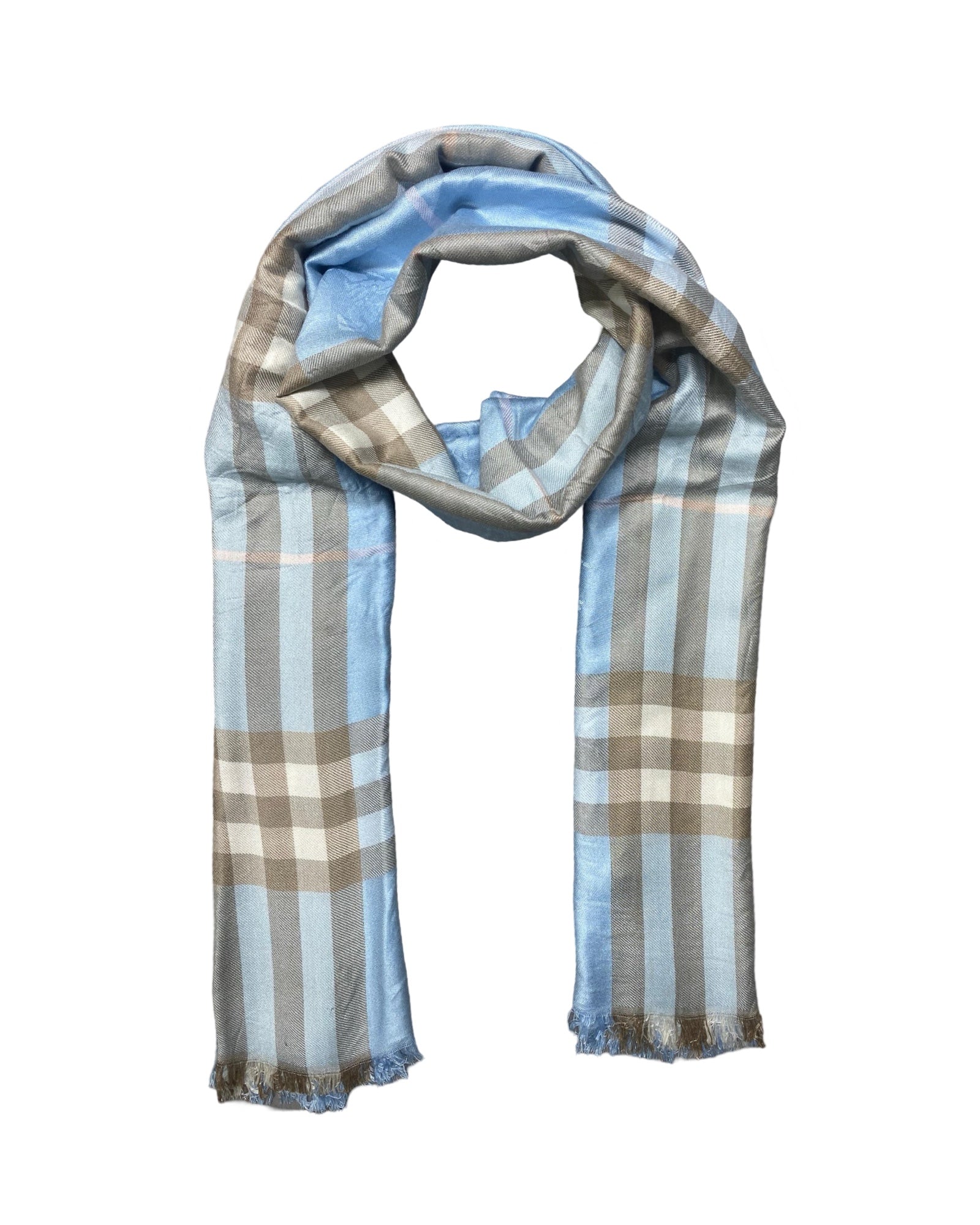 Burberrys Light Blue Plaid Checkered Shawl | 009