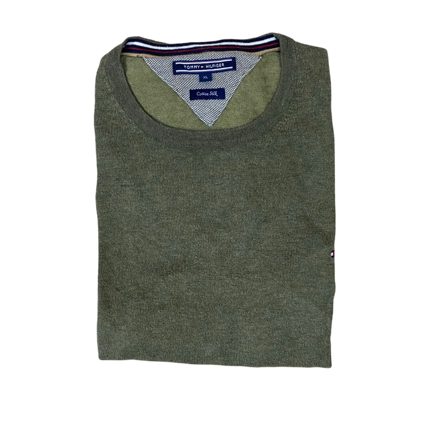 Tommy Hilfiger Men’s Olive Green Cotton Silk Crewneck Sweater | Large