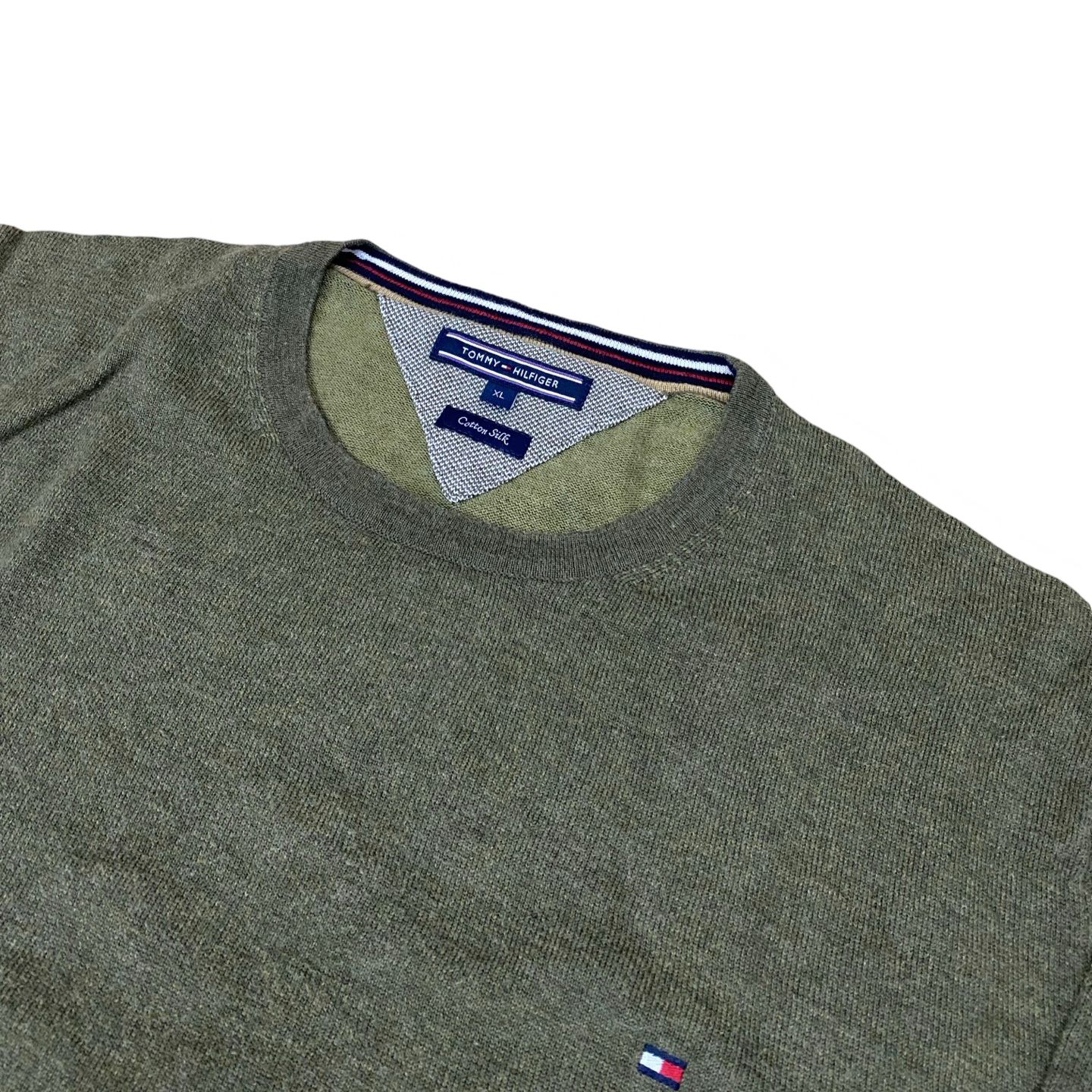 Tommy Hilfiger Men’s Olive Green Cotton Silk Crewneck Sweater | Large