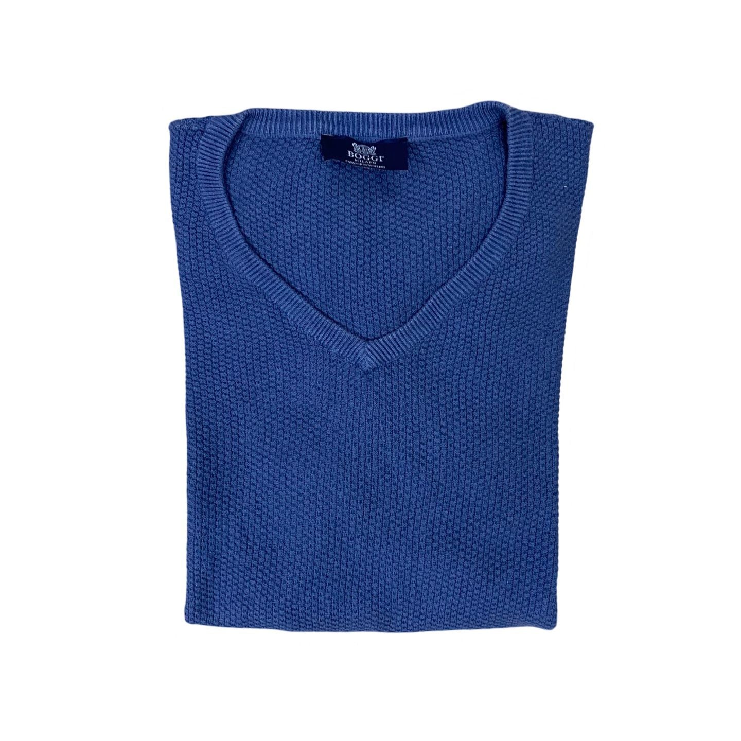 Boggi Blue Textured V-Neck Sweater | Luxurious Italian Knitwear | XL