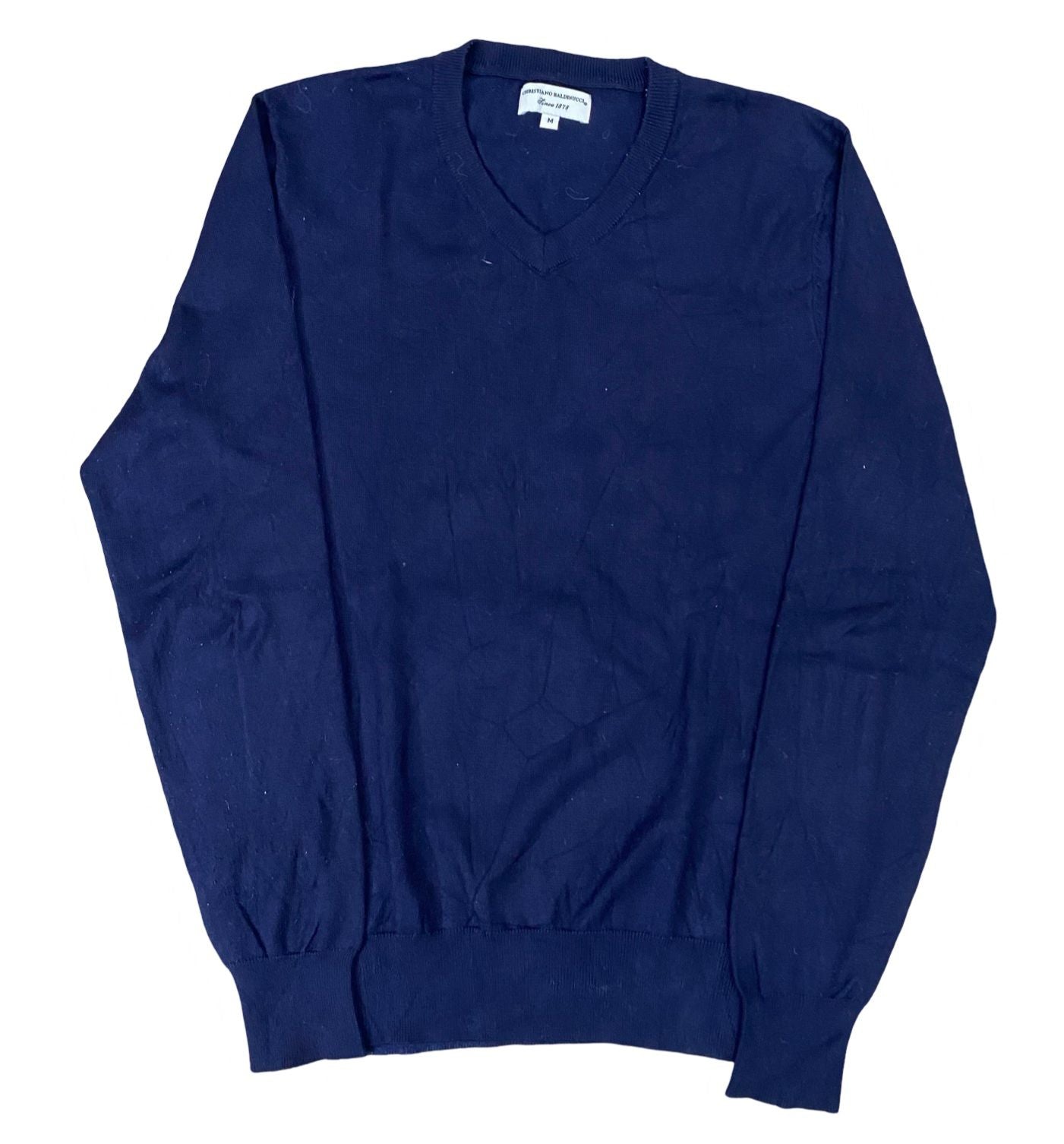 Christiano Baldinucci Navy Blue V-Neck Sweater | Classic Knit Style | Medium
