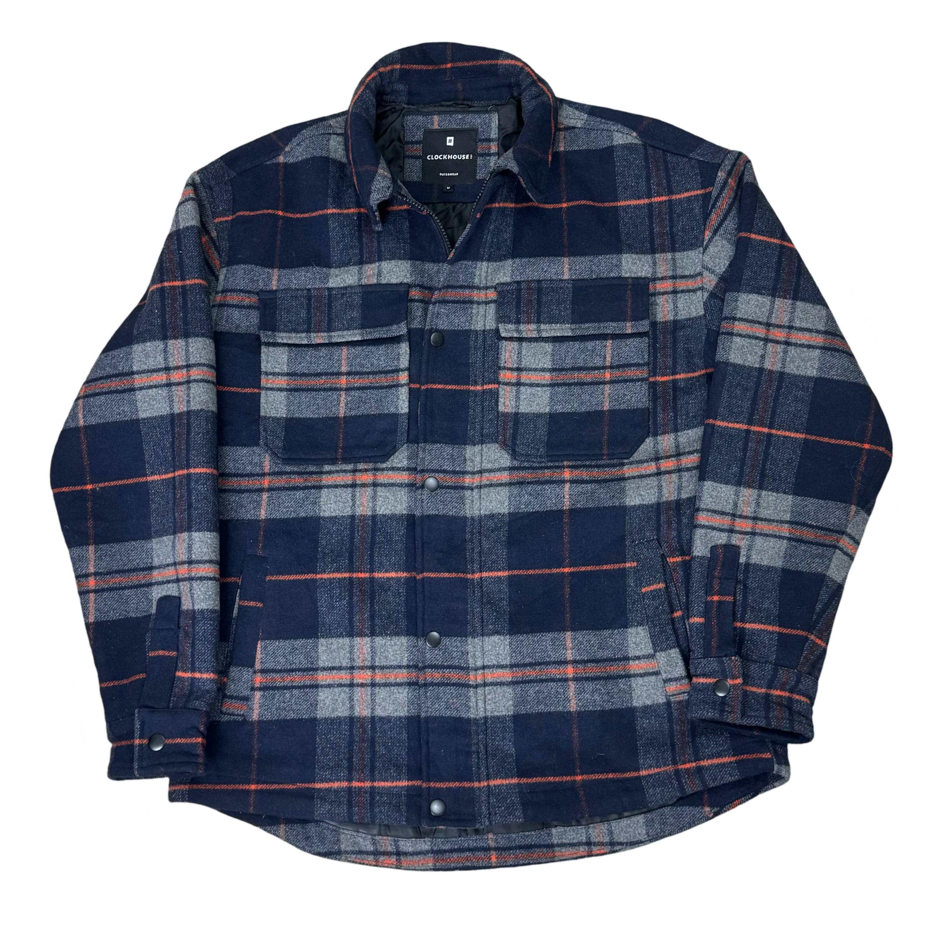 Clockhouse Blue/Grey/Orange Check Wool Blend Overshirt | Medium/Large