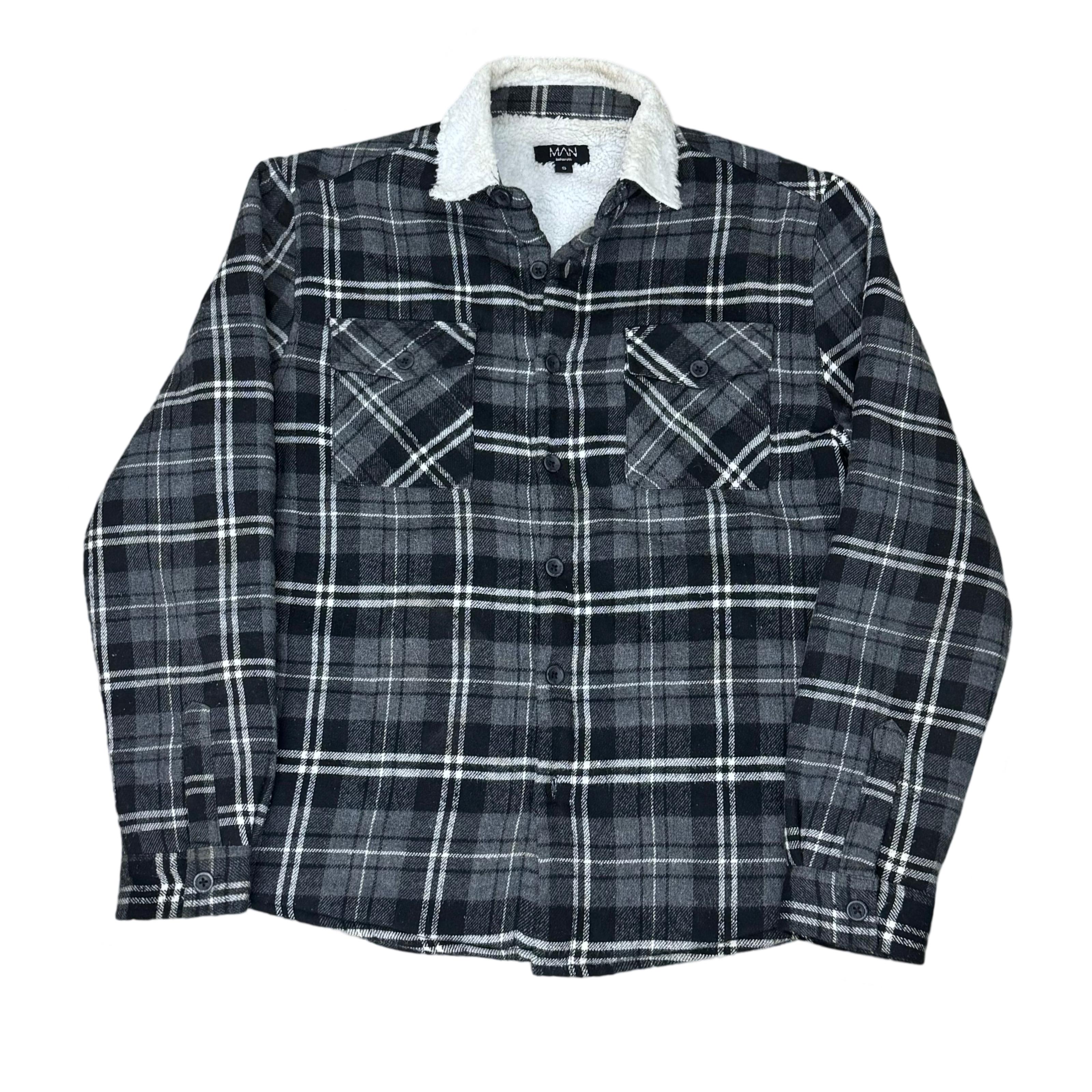 Boohoo MAN Black/Grey Check Faux Shearling Overshirt | Small