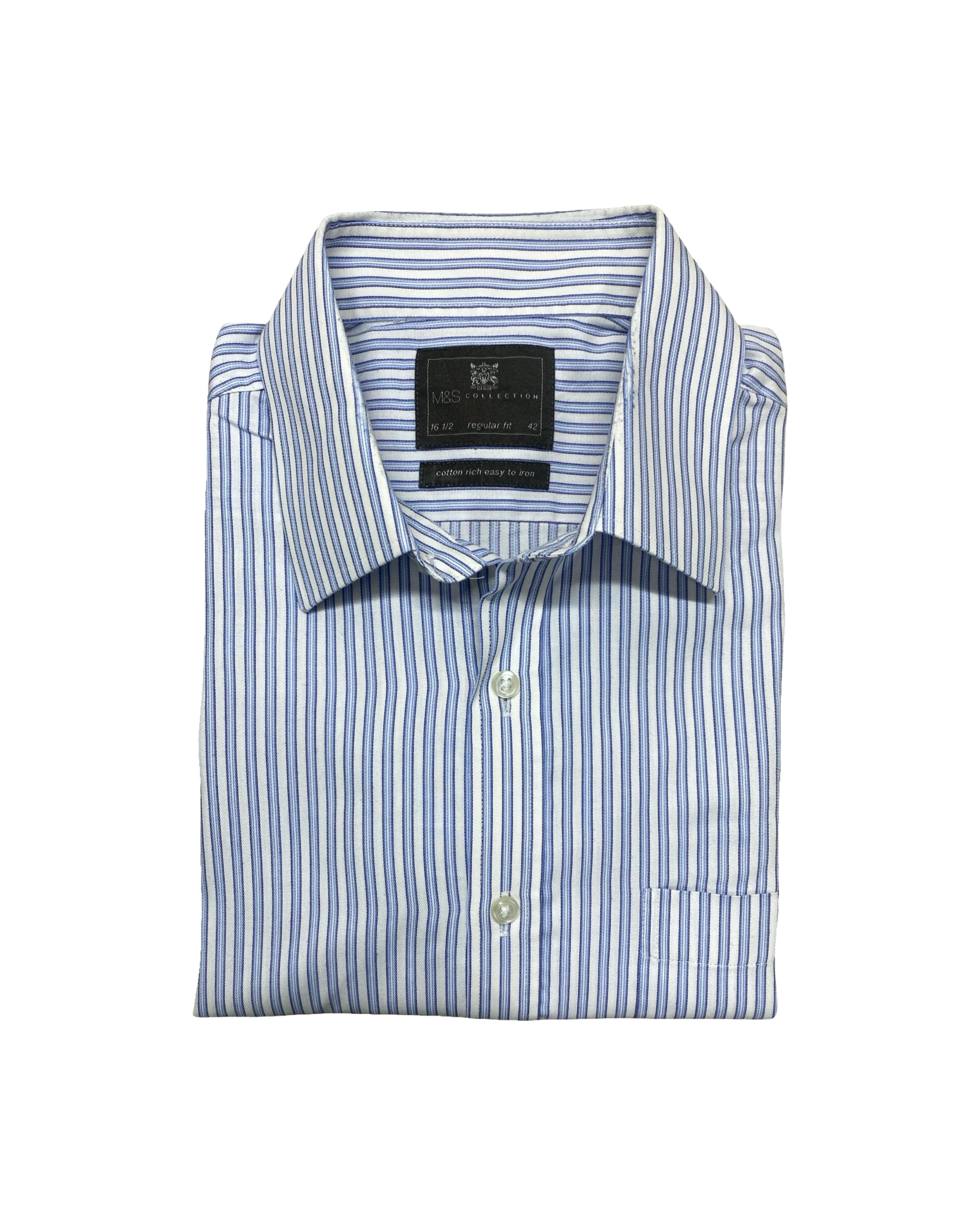 M&S Blue & White Striped Shirt | Large | Chest 25”