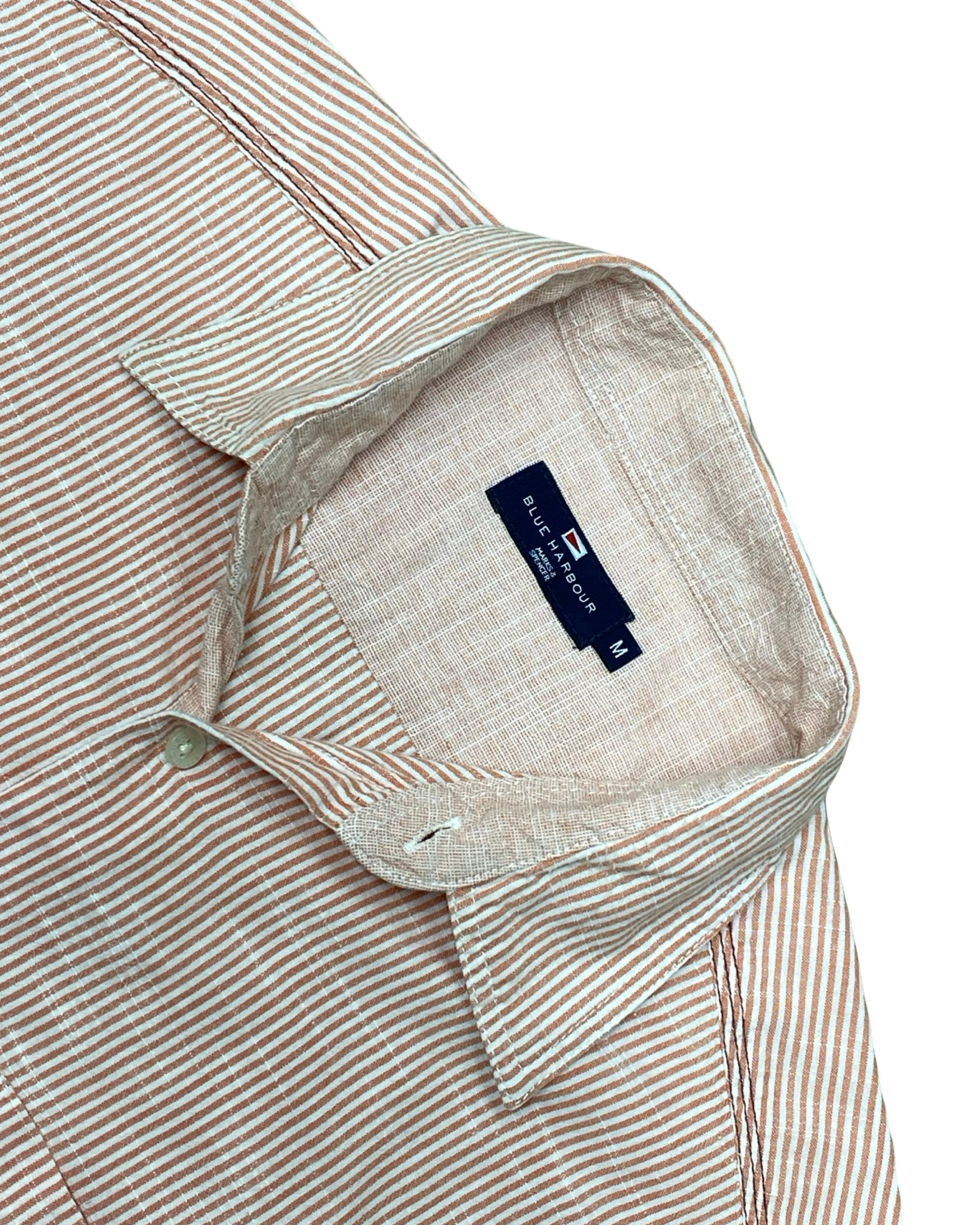 Blue Harbour Beige Stripe Linen Shirt | Medium | Chest 21.5”