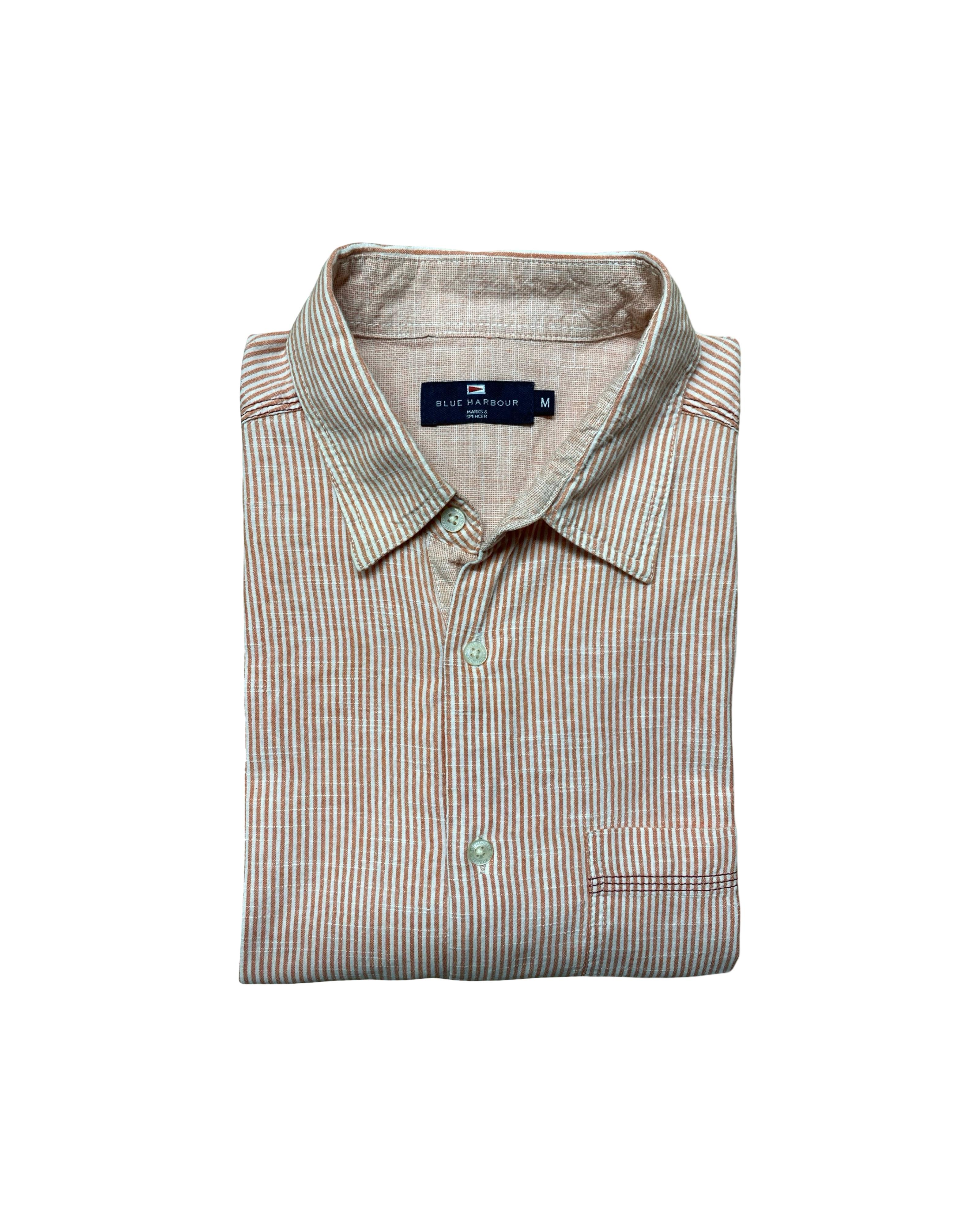 Blue Harbour Beige Stripe Linen Shirt | Medium | Chest 21.5”