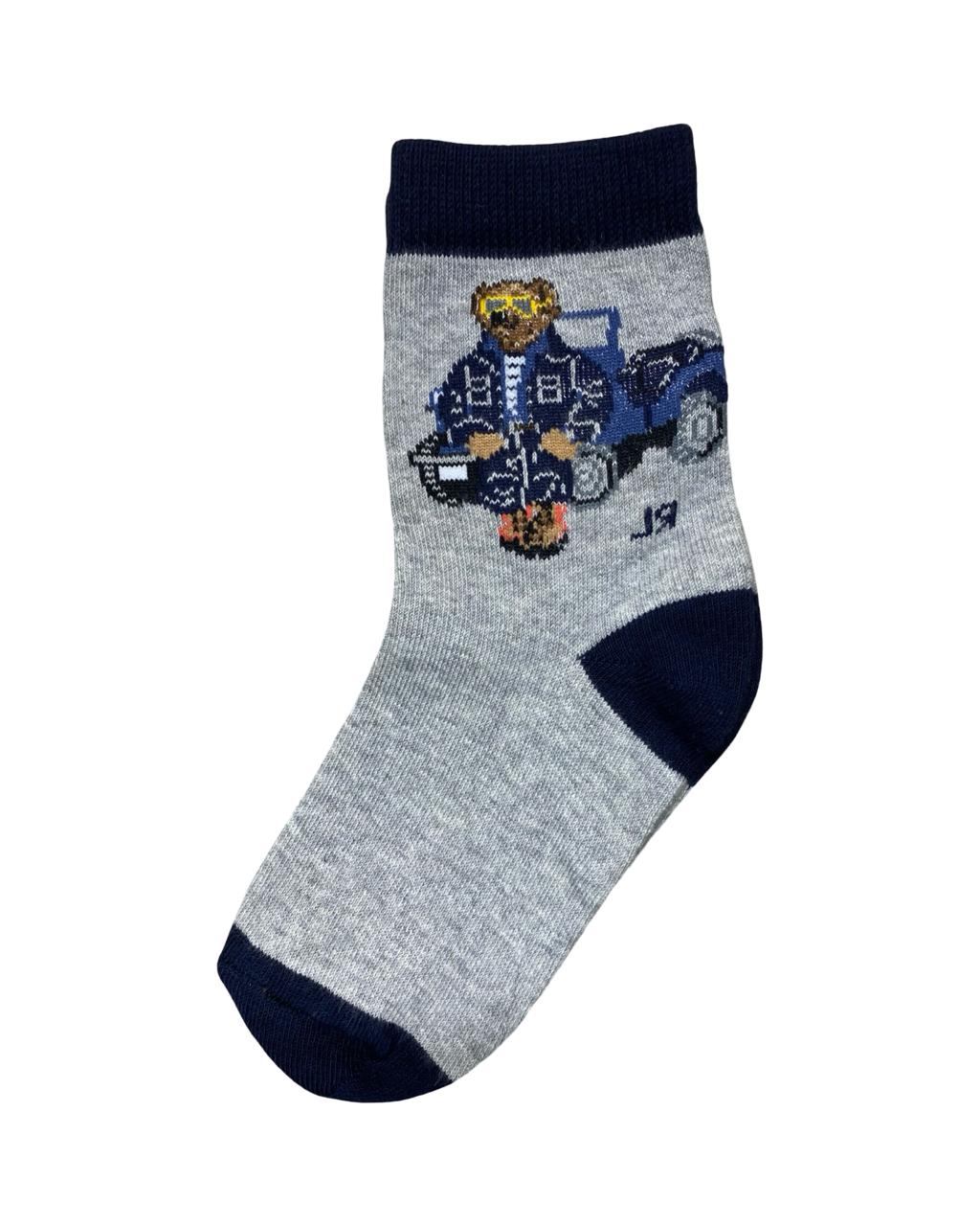 Kids Grey & Navy Bear Graphic Socks – Blue Car Design | Factory Leftovers
