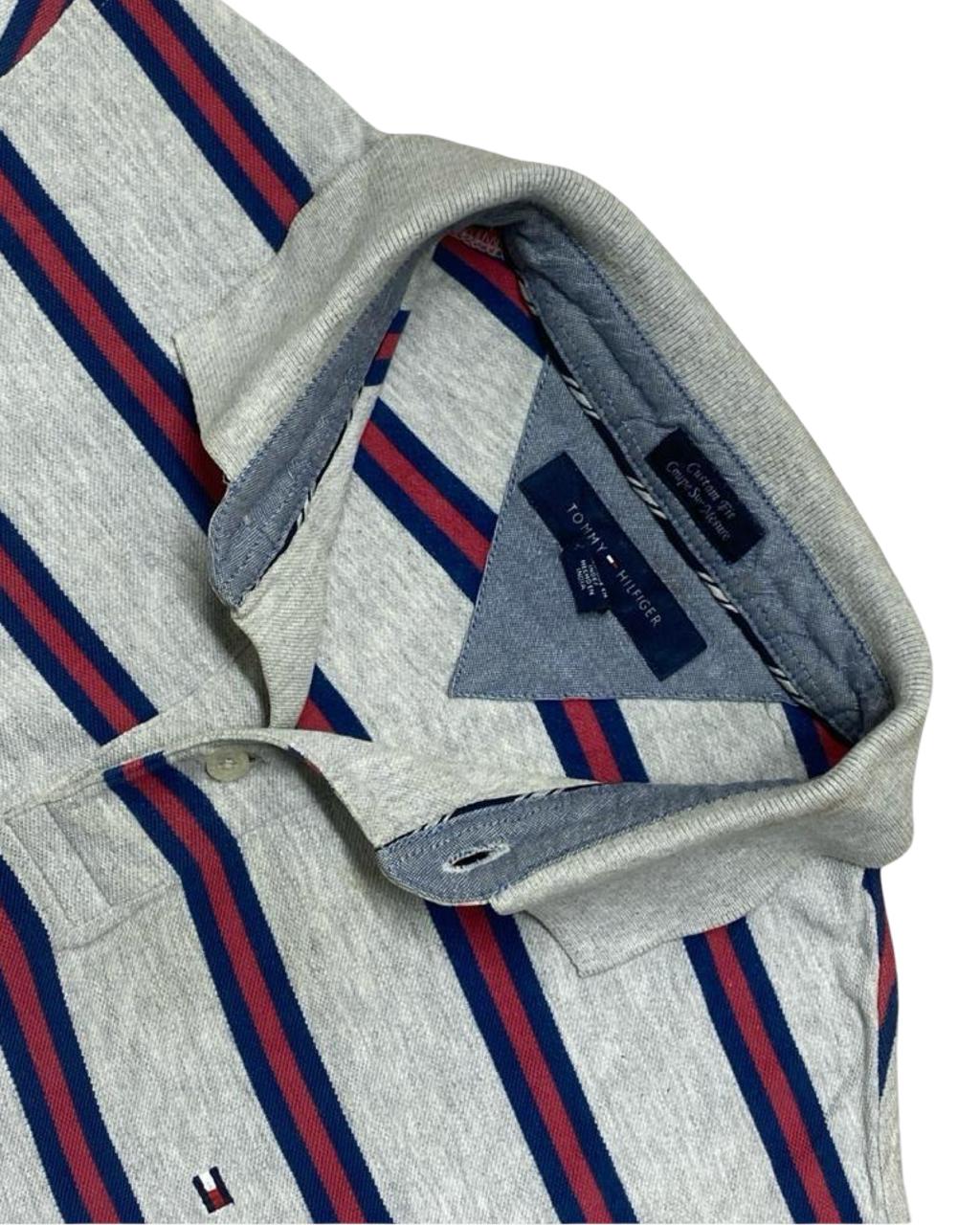 Tommy Hilfiger Grey Striped Polo Shirt | Medium | Chest 22”