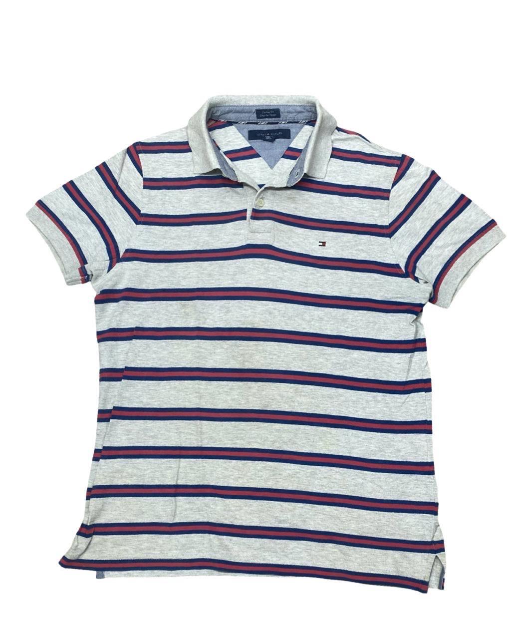 Tommy Hilfiger Grey Striped Polo Shirt | Medium | Chest 22”