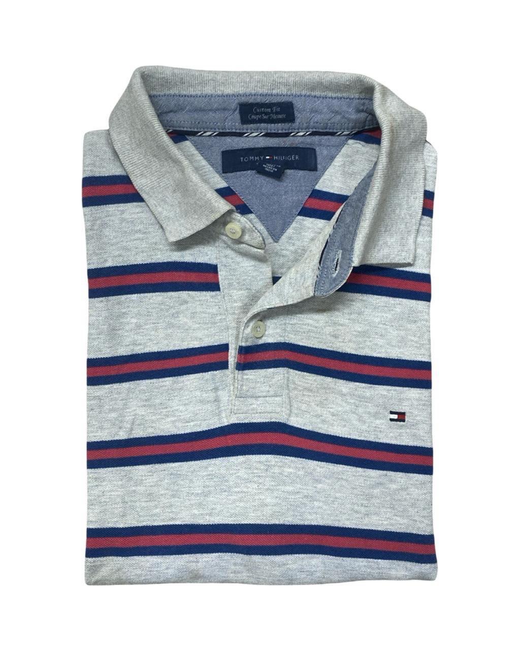 Tommy Hilfiger Grey Striped Polo Shirt | Medium | Chest 22”