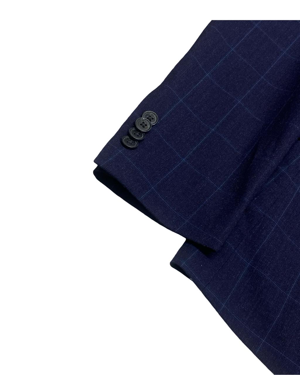 S’fare Executive Navy Checkered Blazer | Size 48 (Slim Fit) | Chest 19.5"