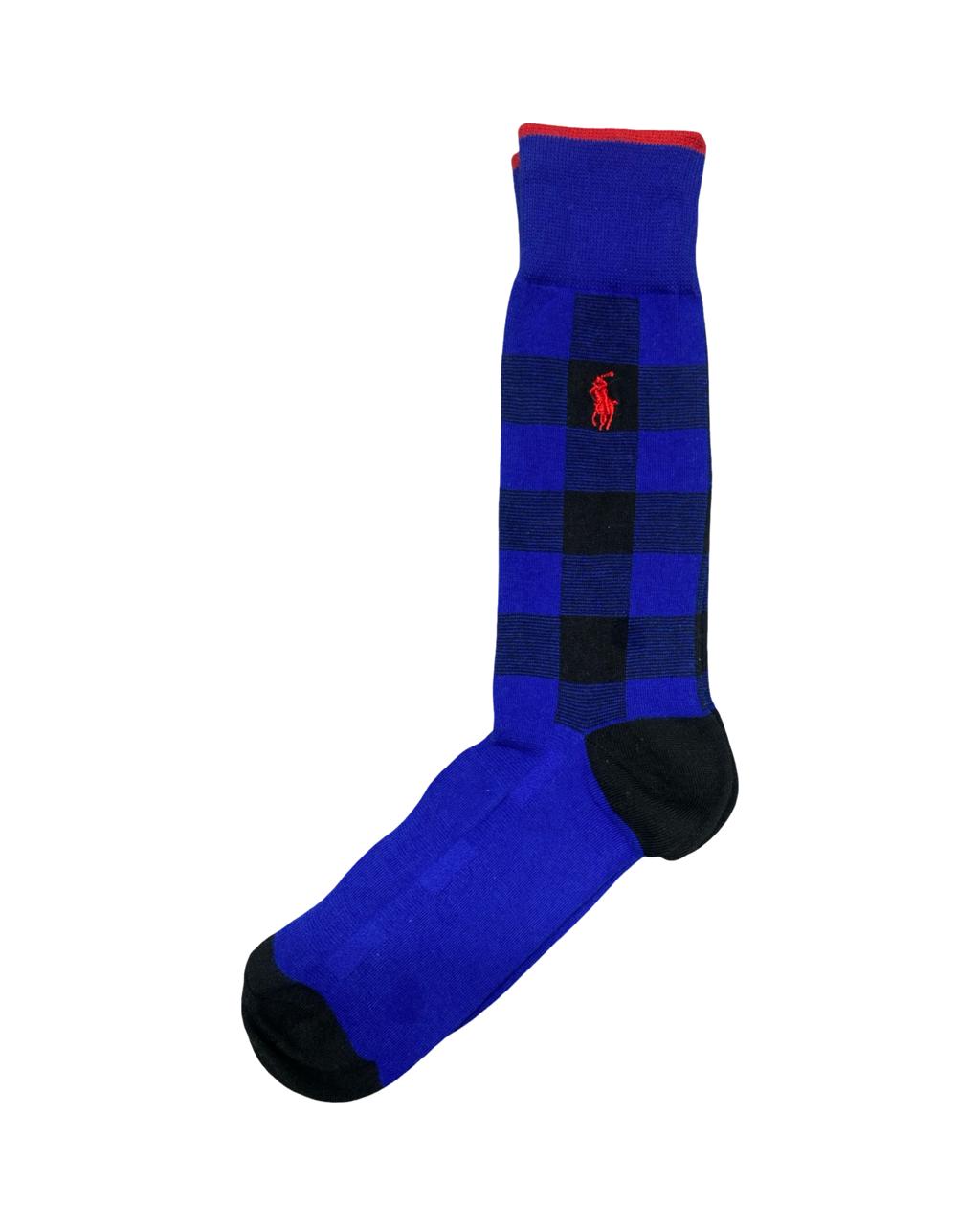 Ralph Lauren Checkered Crew Socks – Blue & Black | Red Polo Pony Logo | Factory Leftovers