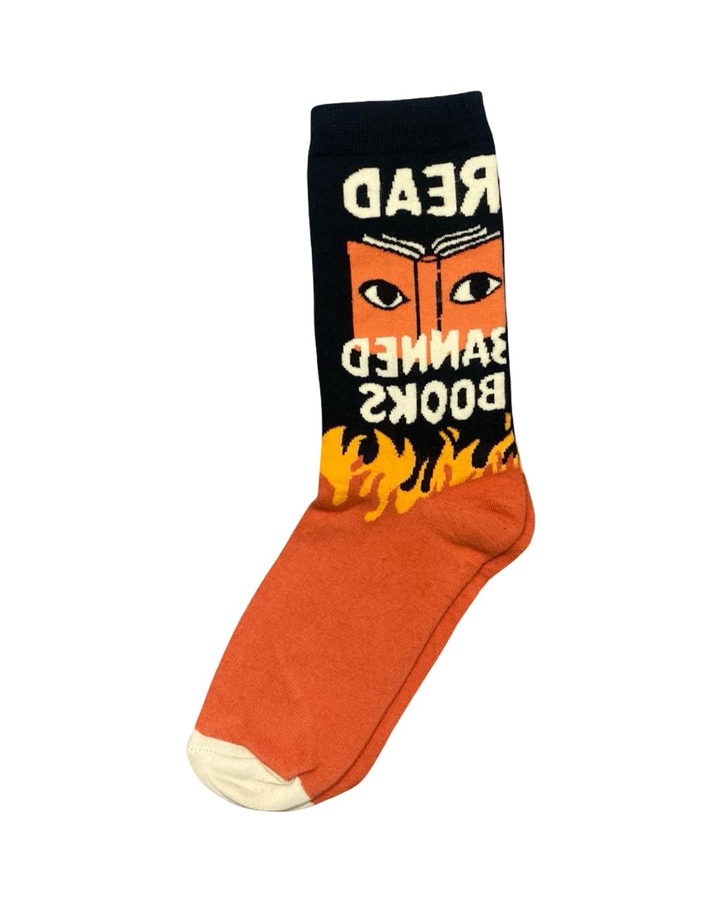 WorkmenWear Graphic Crew Socks – “Read Banned Books” | Black & Orange | Factory Leftovers