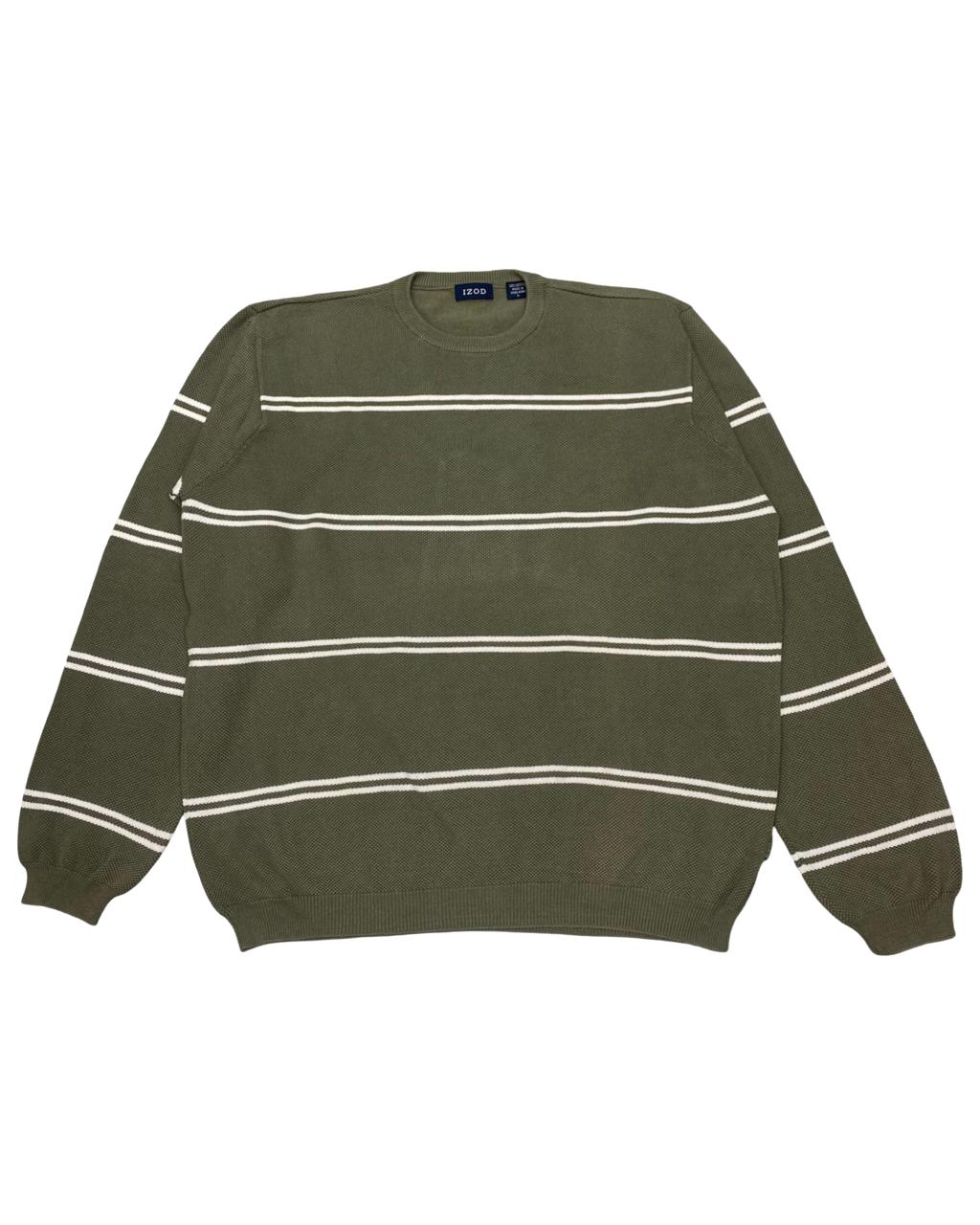IZOD Olive Green Striped Cotton Sweater | Size Large | Chest 24”