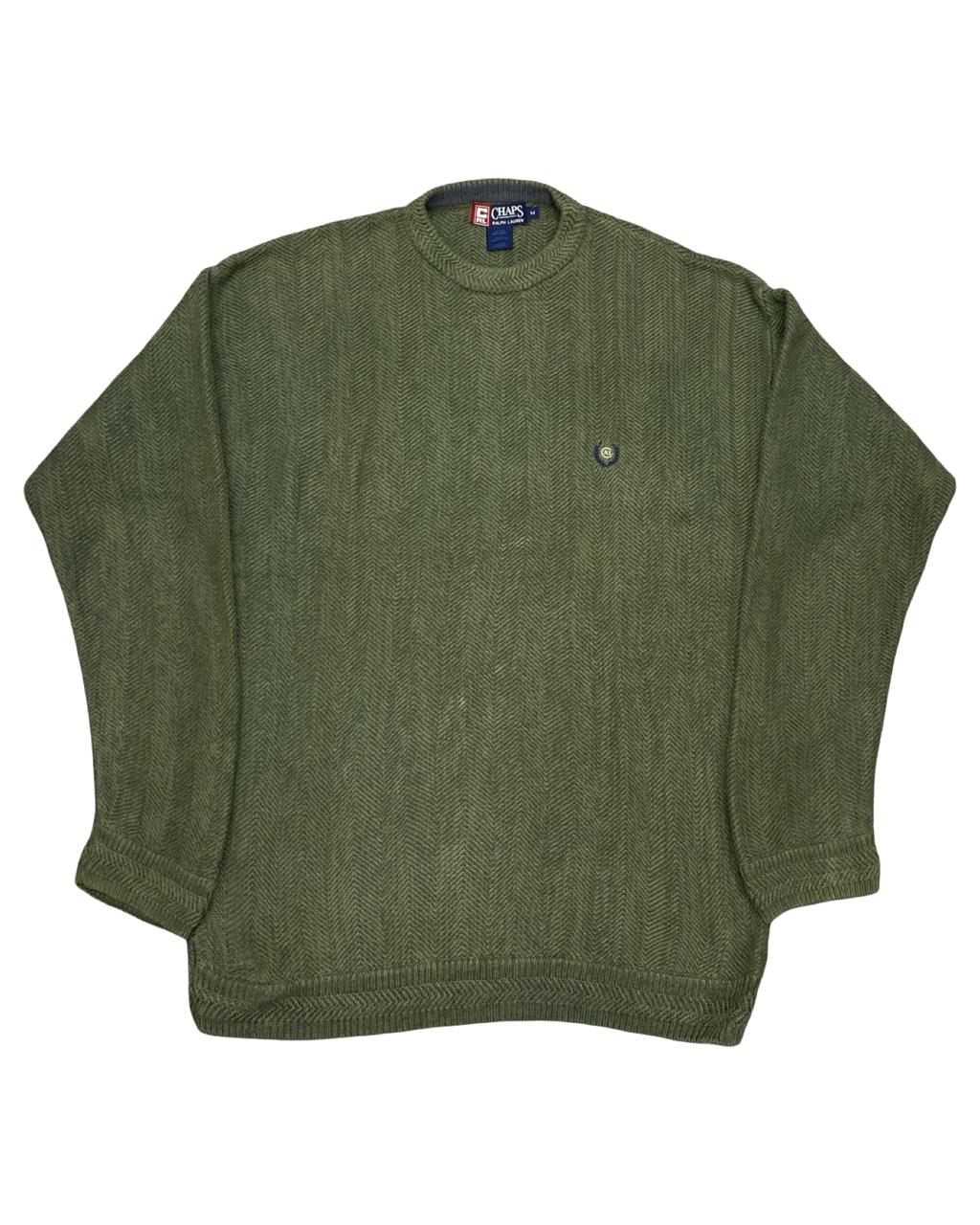 Chaps RL Olive Green Herringbone Knit Sweater | Size Medium | Chest 22.5”