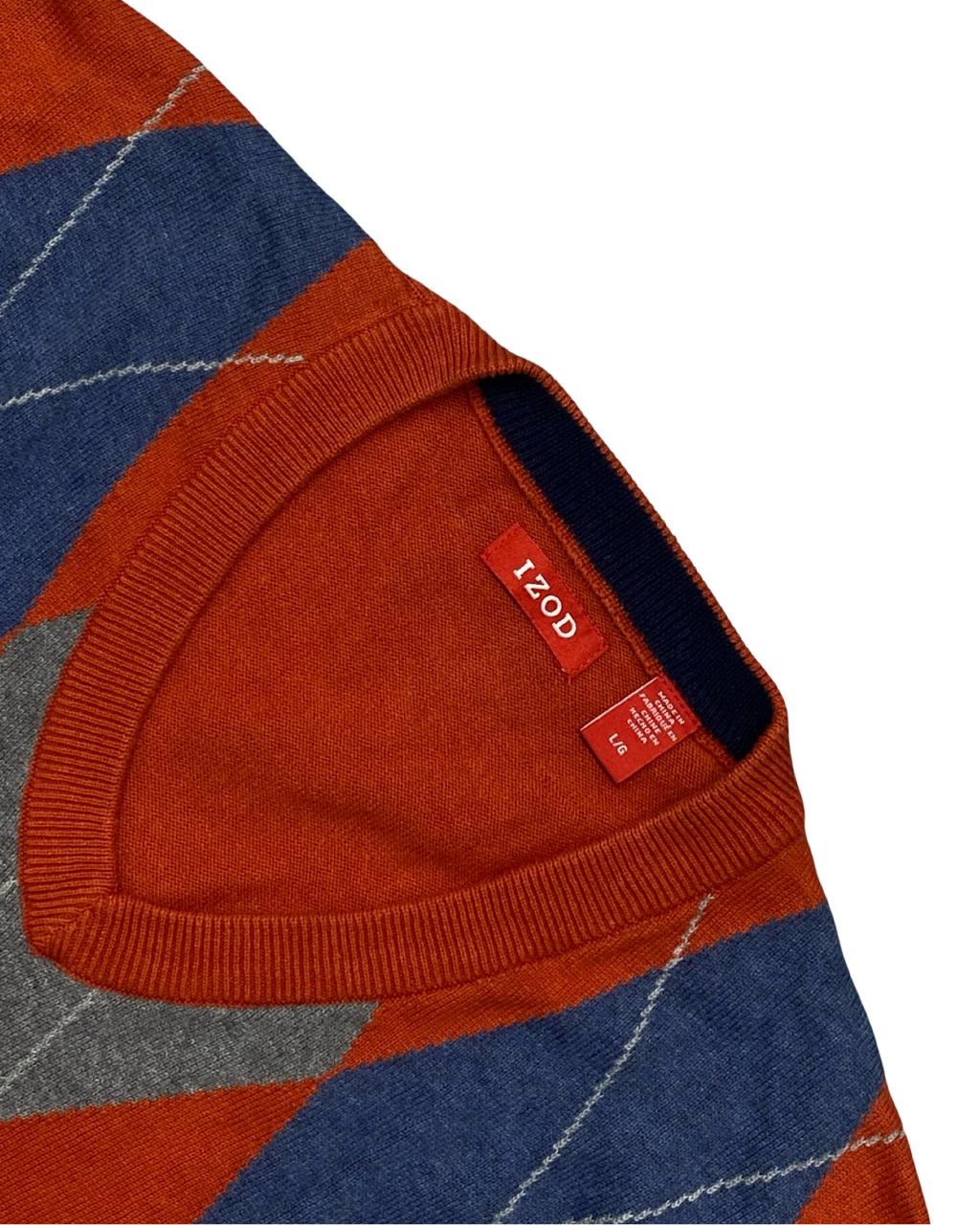 IZOD Orange Argyle V-Neck Sweater | Size Large | Chest 23.5”