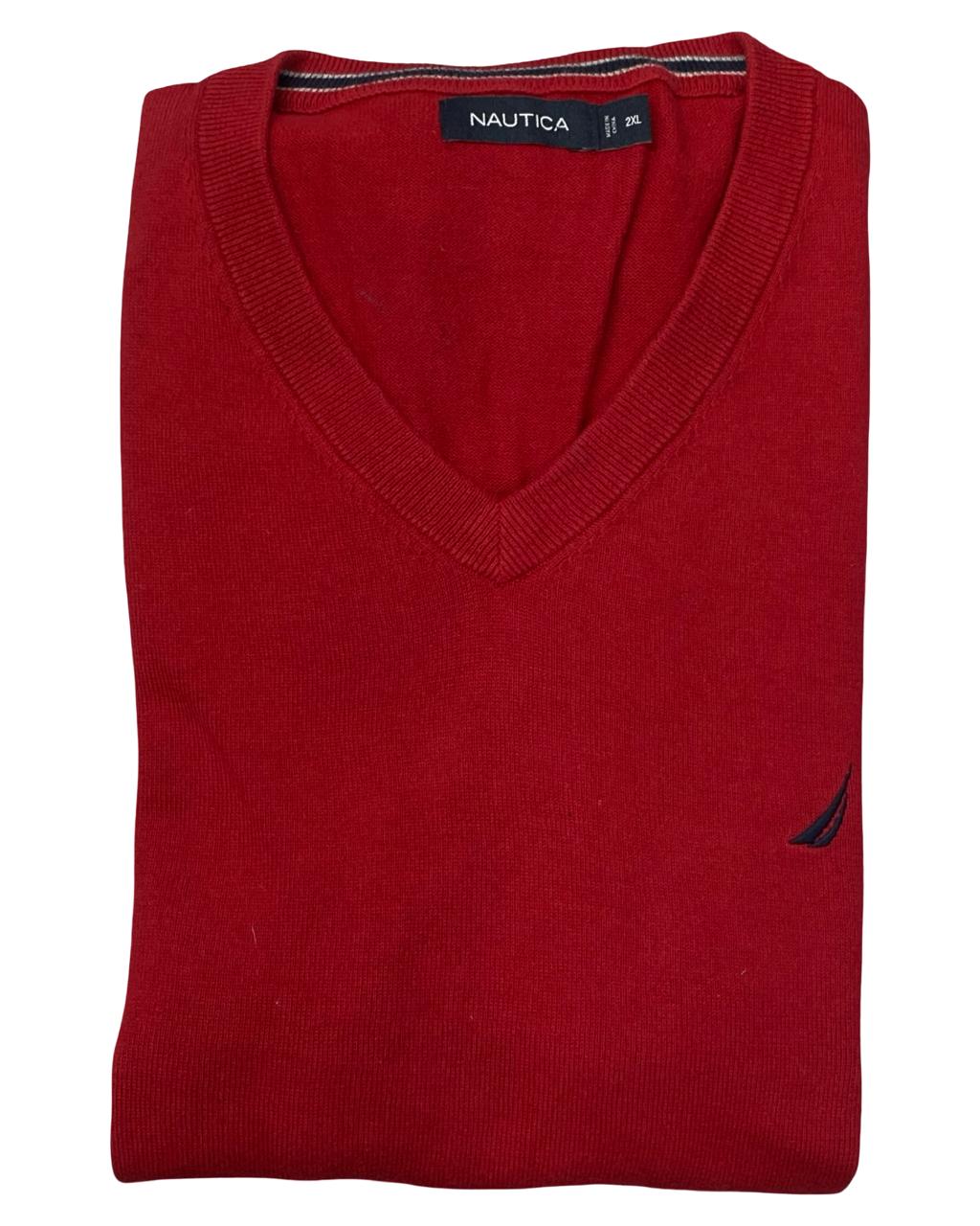 Nautica Red V-Neck Cotton Sweater | Size XL | Chest 26.5”