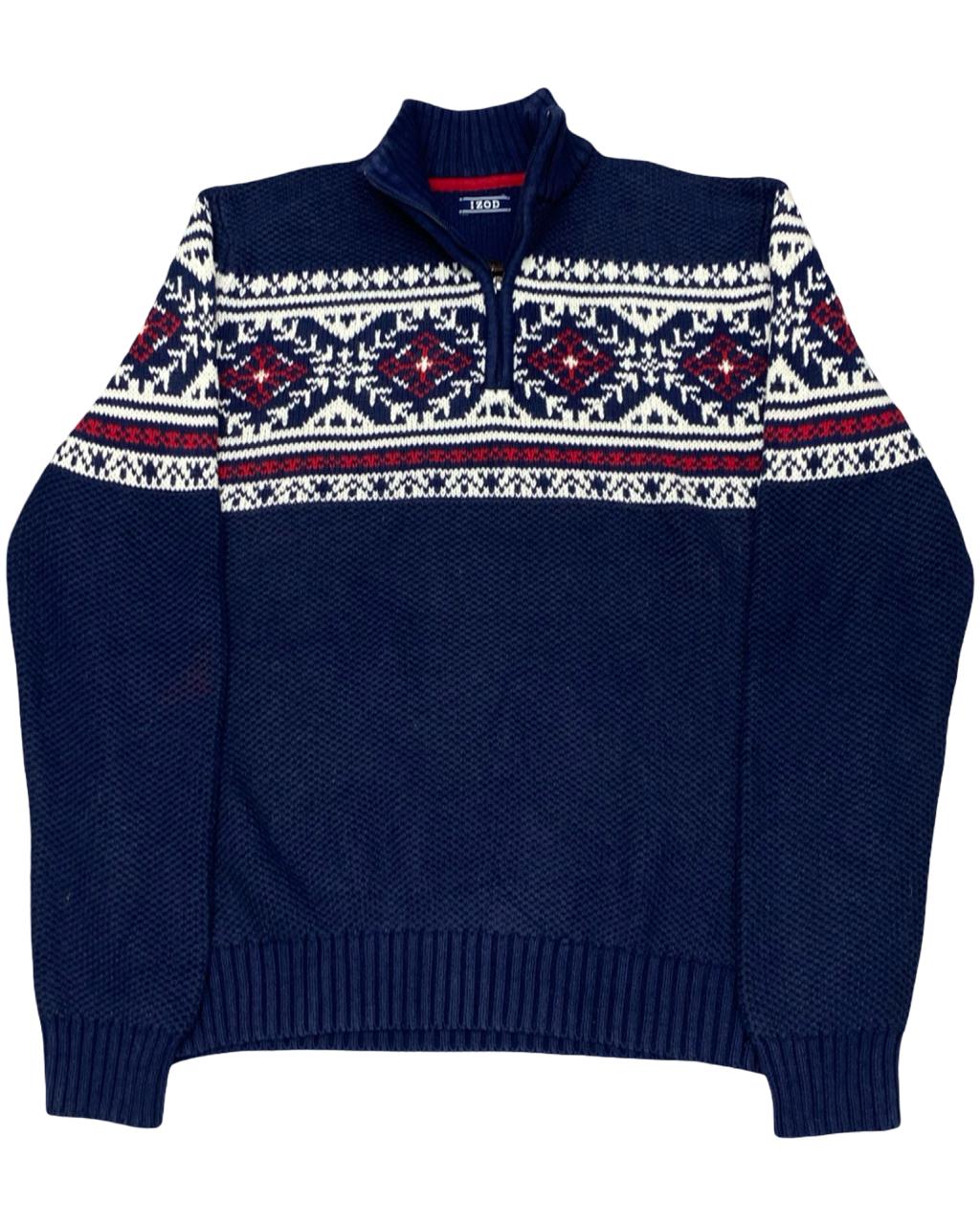 IZOD Navy Fair Isle Quarter-Zip Sweater | Size Large | Chest 23”