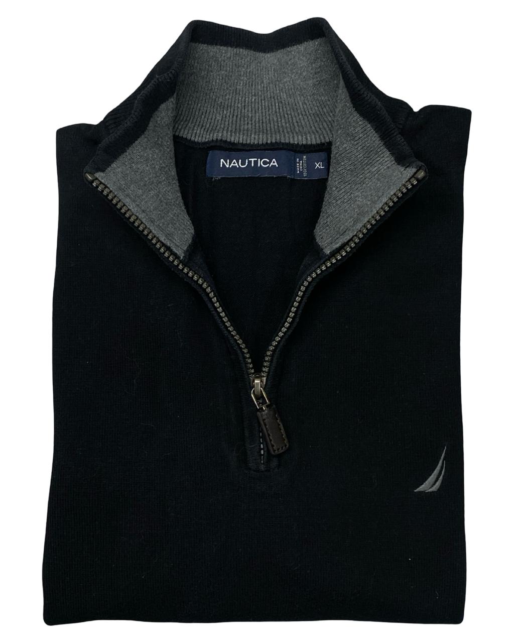 Nautica Black Quarter-Zip Mock Neck Sweater | Size Large | Chest 24.5”