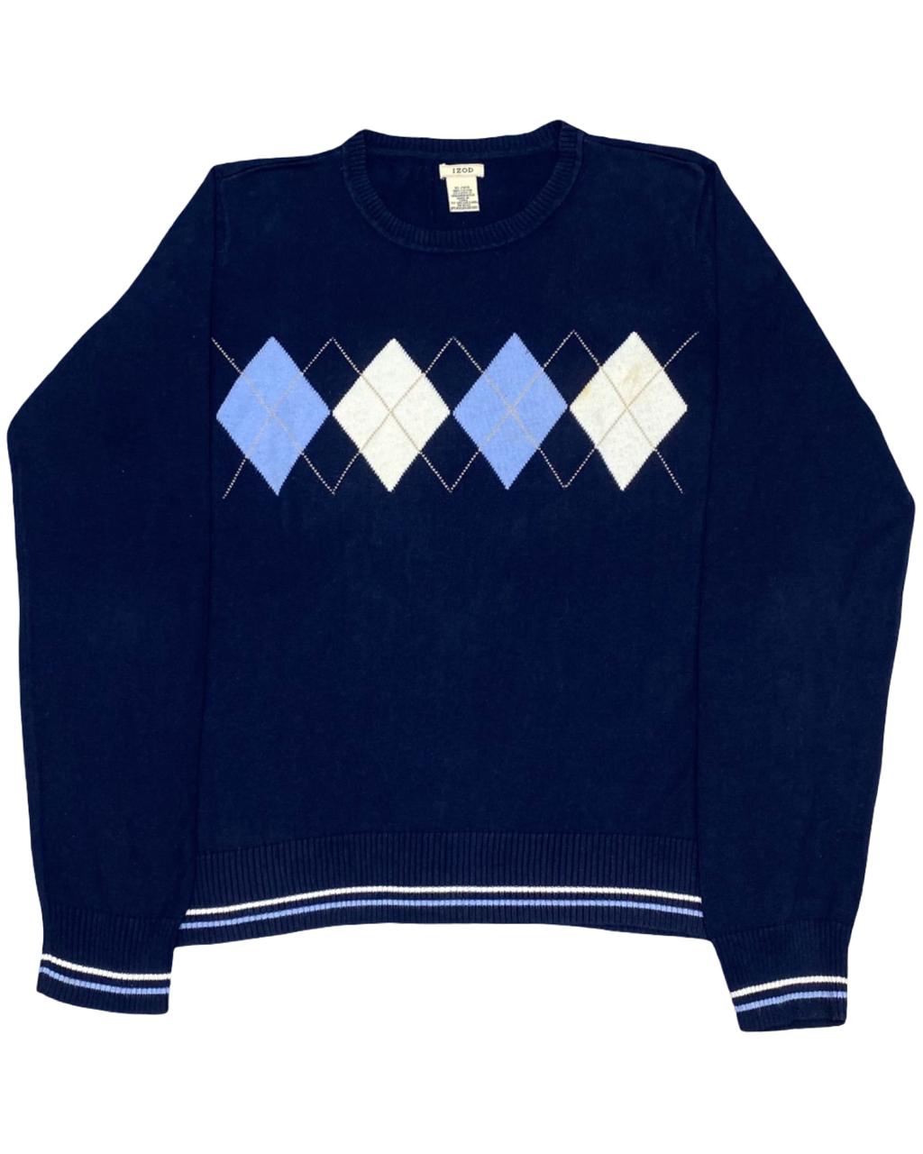 IZOD Navy Blue Argyle Knit Sweater | Size Large | Chest 23”