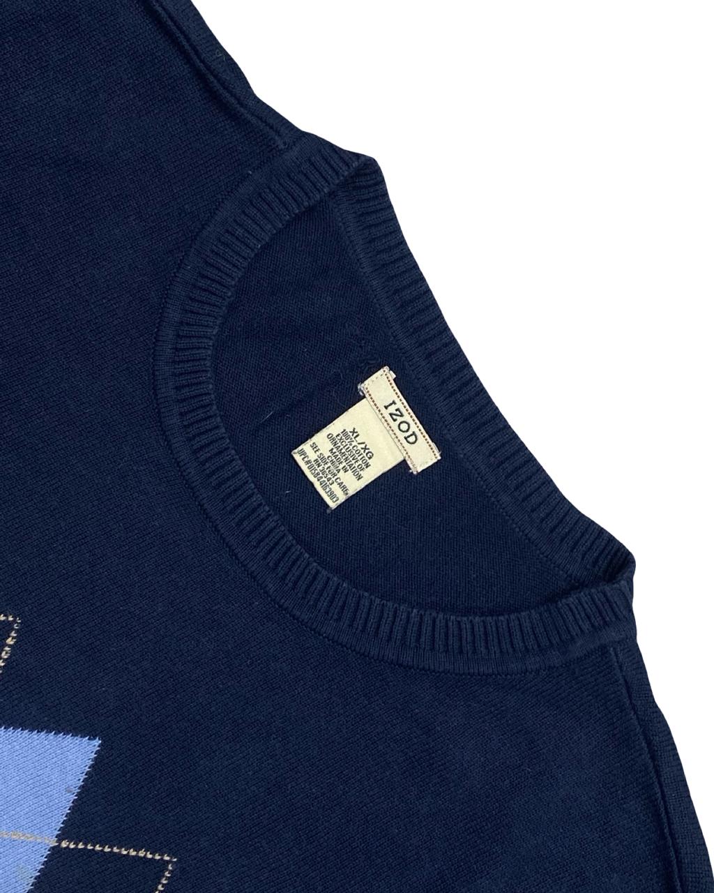 IZOD Navy Blue Argyle Knit Sweater | Size Large | Chest 23”