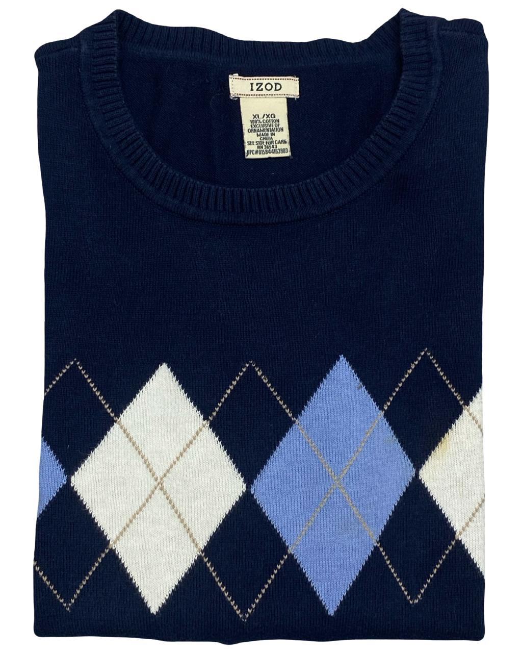 IZOD Navy Blue Argyle Knit Sweater | Size Large | Chest 23”