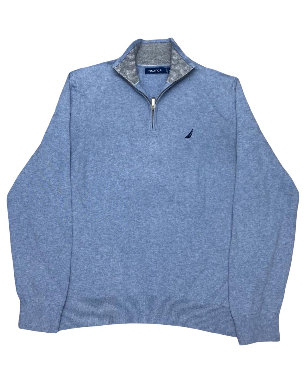 Nautica Heather Blue Quarter-Zip Mock Neck Sweater | Size Medium | Chest 22”