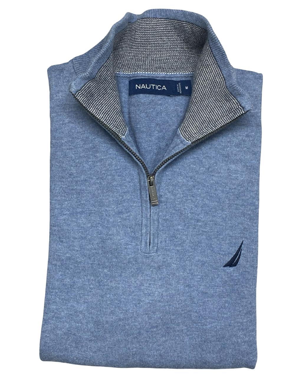 Nautica Heather Blue Quarter-Zip Mock Neck Sweater | Size Medium | Chest 22”