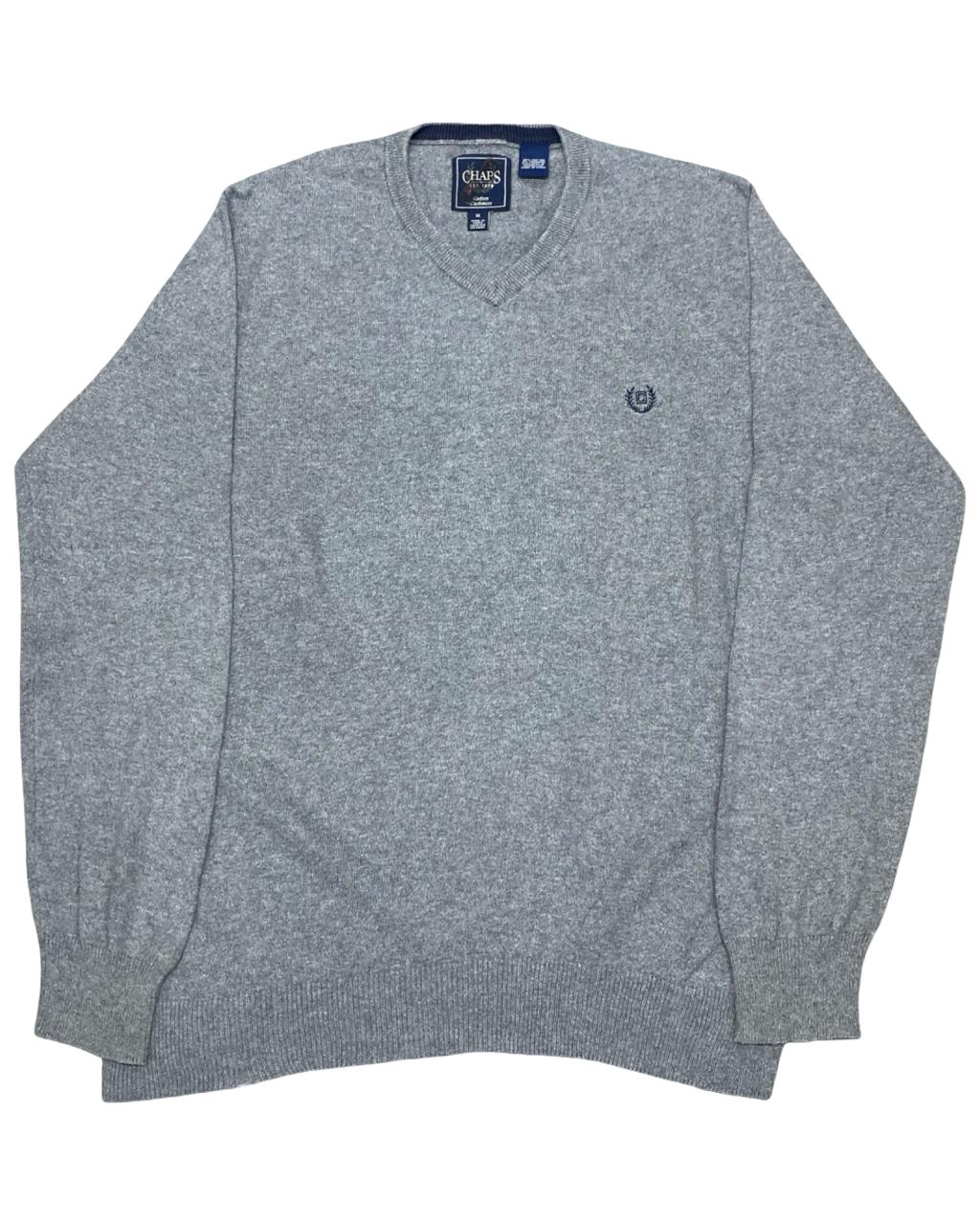 Chaps Gray Cotton Cashmere V-Neck Sweater | Size Medium | Chest 22.5”