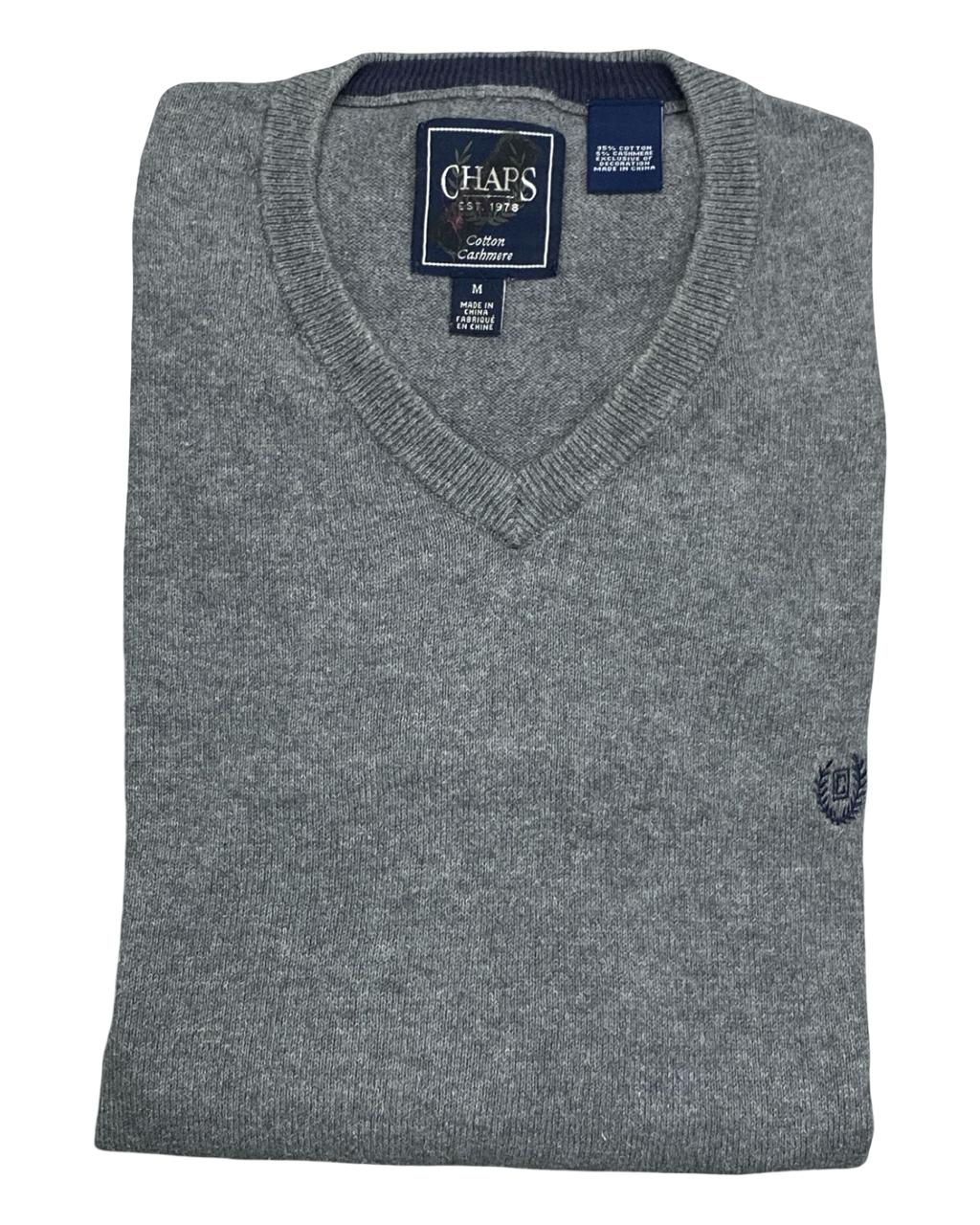 Chaps Gray Cotton Cashmere V-Neck Sweater | Size Medium | Chest 22.5”
