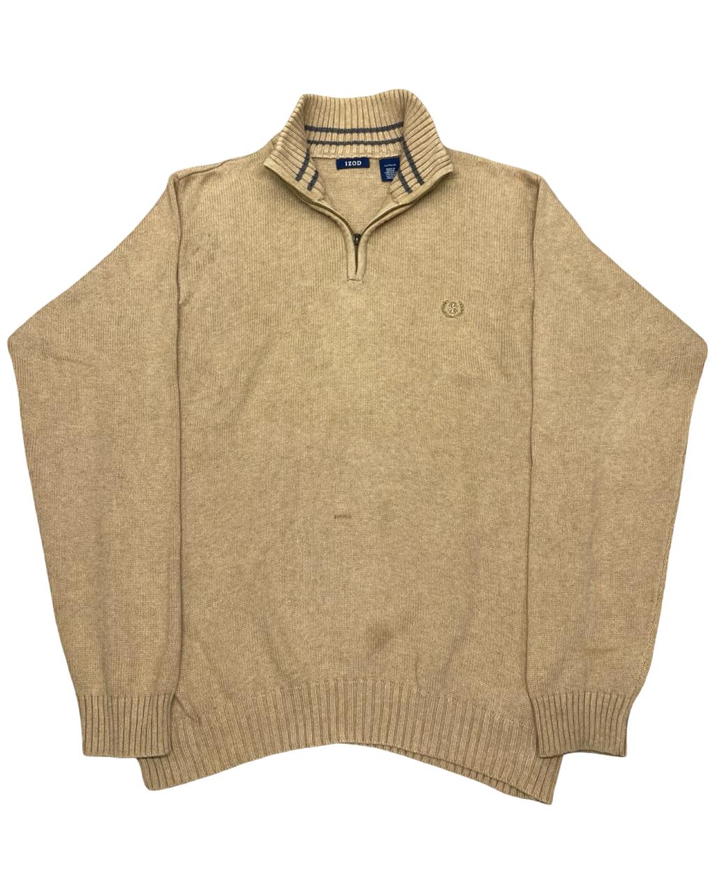 IZOD Camel Beige Quarter-Zip Mock Neck Sweater | Size Large | Chest 23.5”