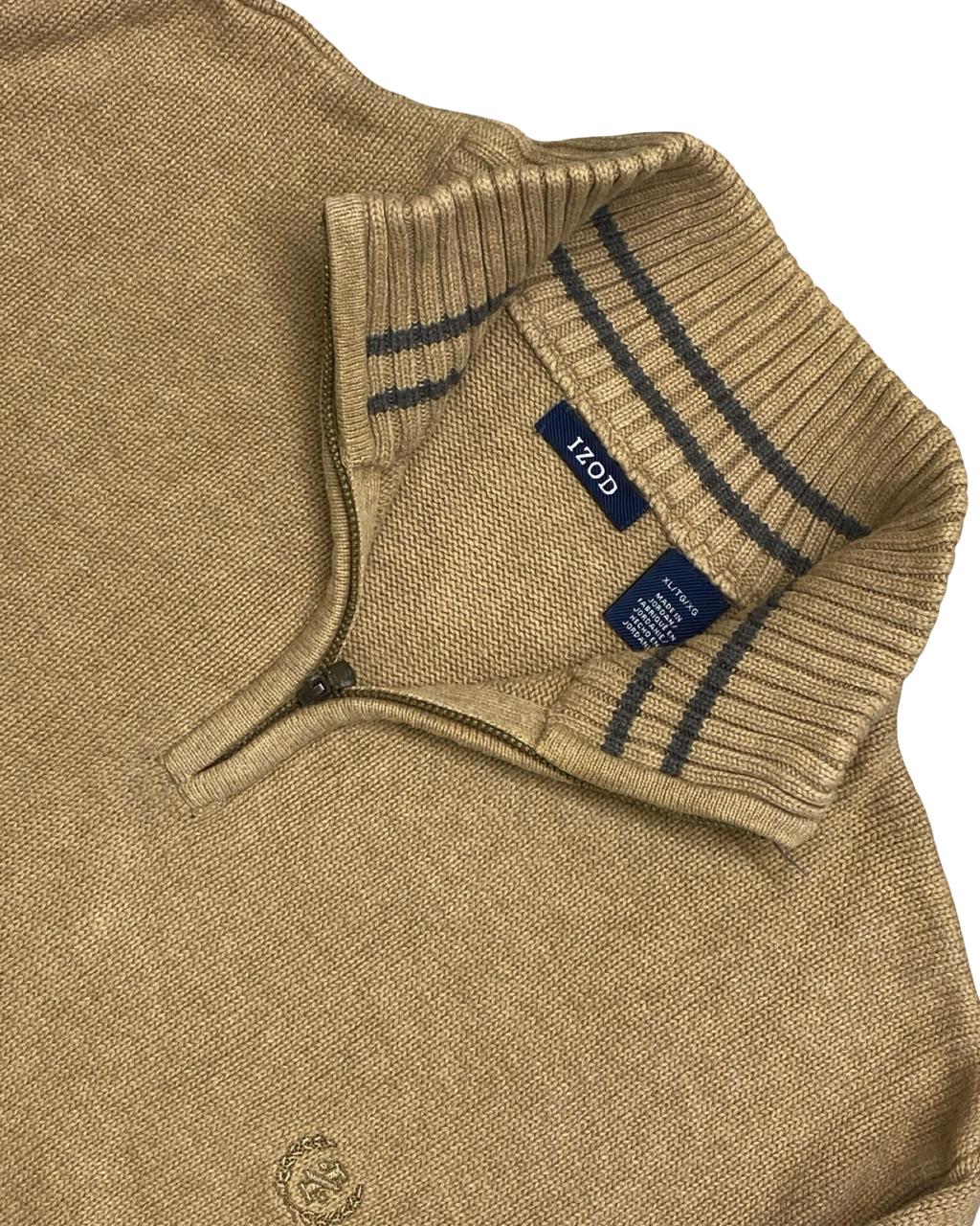 IZOD Camel Beige Quarter-Zip Mock Neck Sweater | Size Large | Chest 23.5”