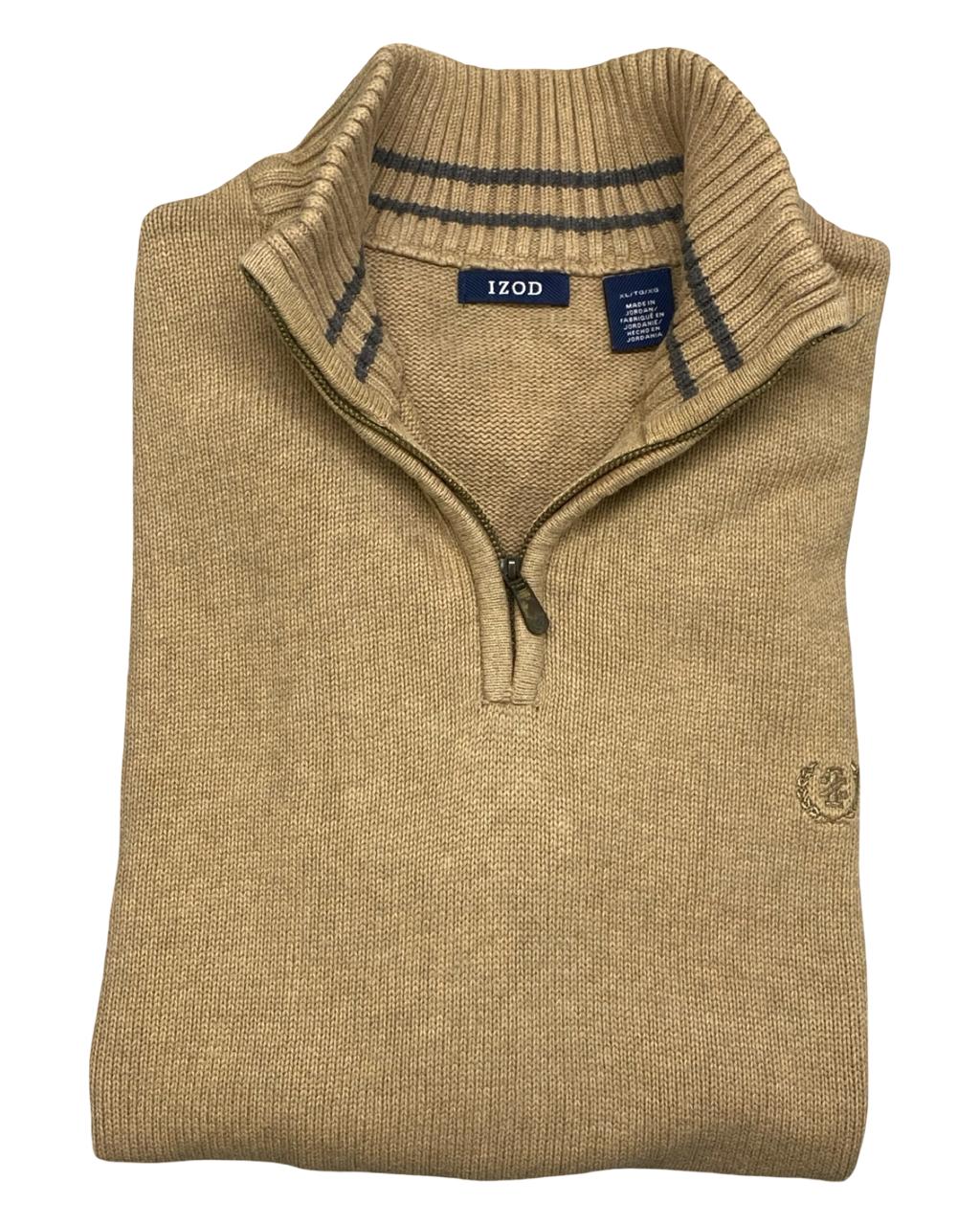 IZOD Camel Beige Quarter-Zip Mock Neck Sweater | Size Large | Chest 23.5”