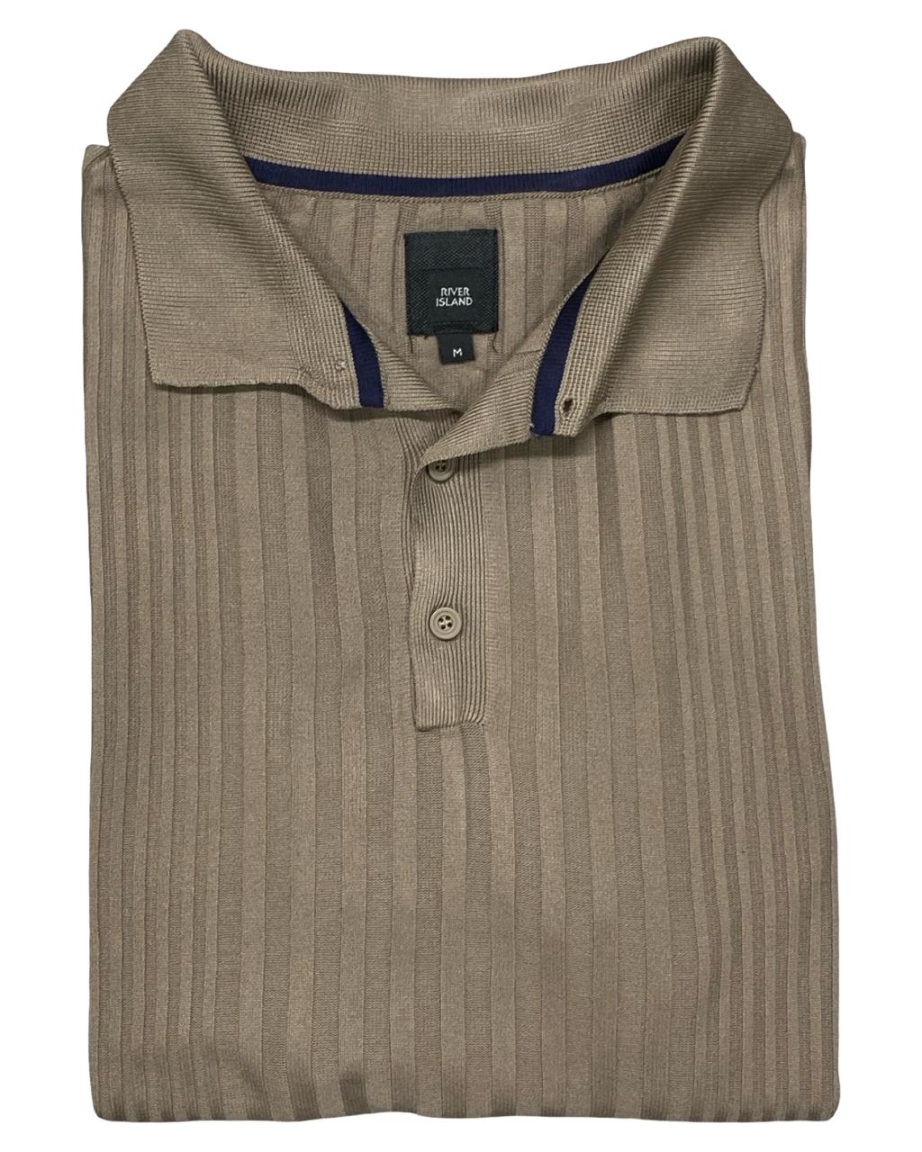 River Island Taupe Ribbed Knit Polo Shirt | Size Small | Chest 17.5”