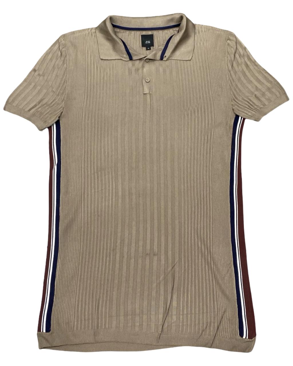 River Island Taupe Ribbed Knit Polo Shirt | Size Small | Chest 17.5”