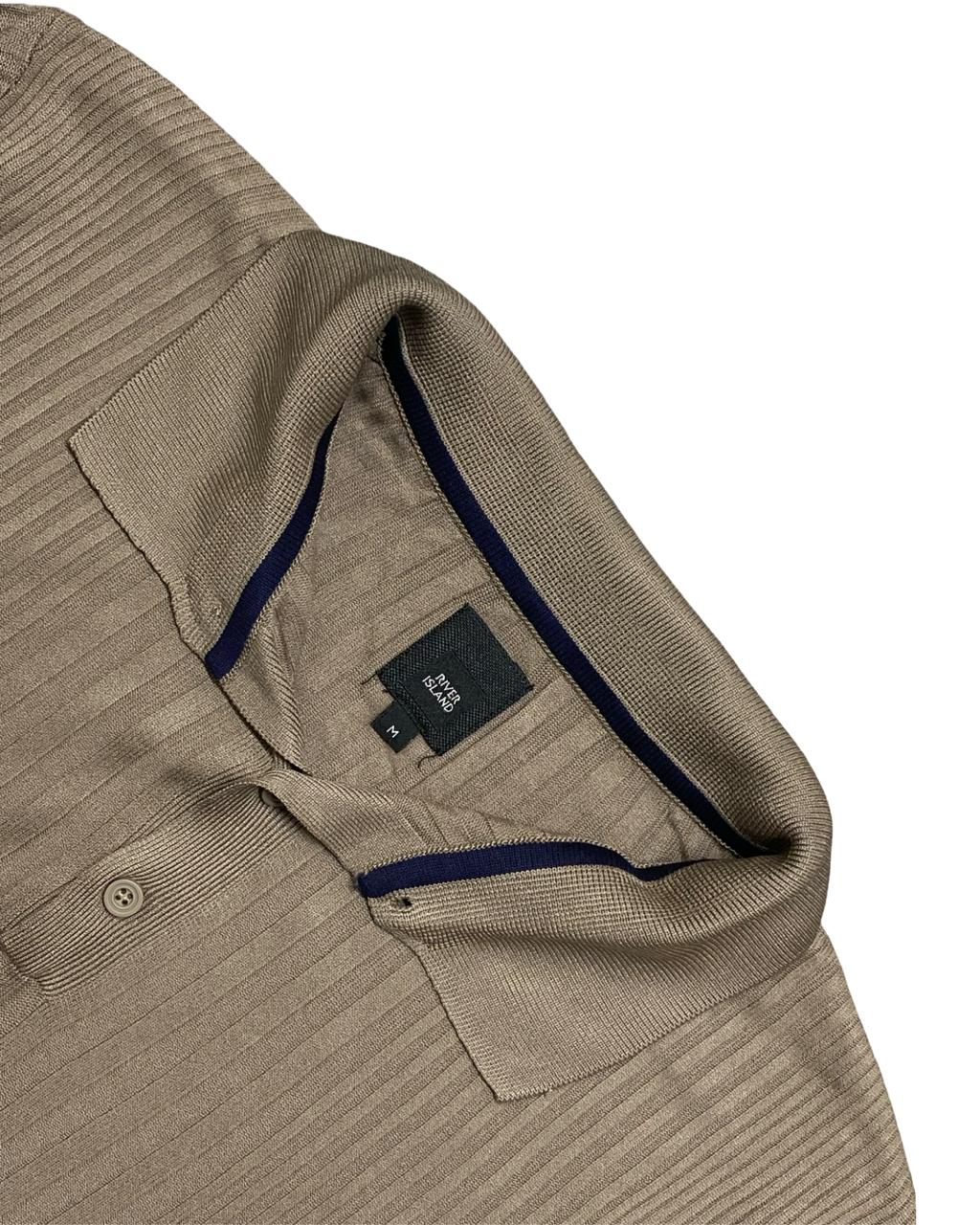 River Island Taupe Ribbed Knit Polo Shirt | Size Small | Chest 17.5”