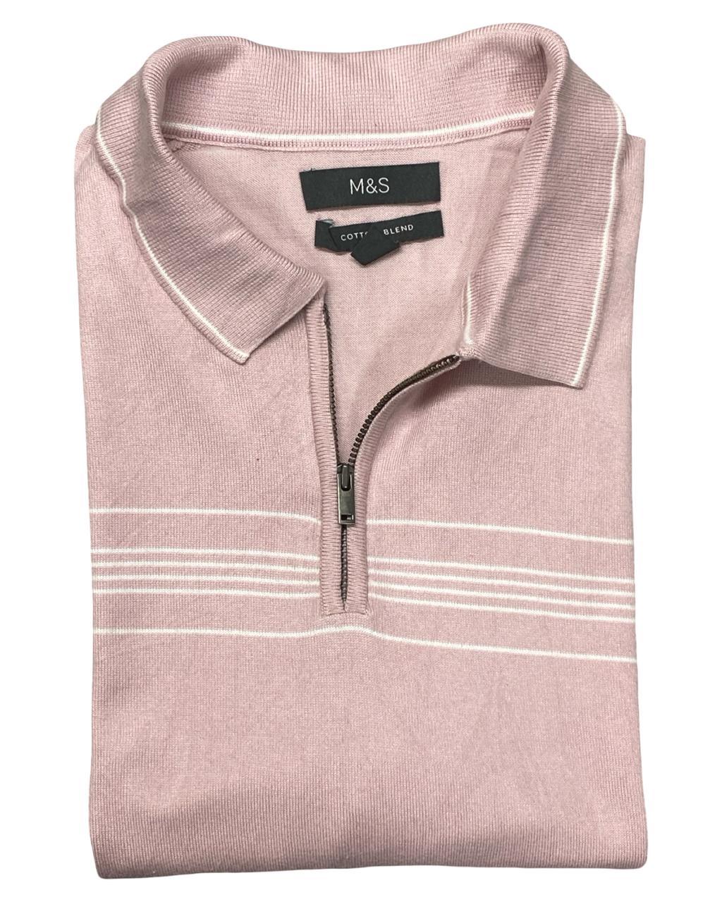 M&S Pale Pink Cotton Blend Knit Polo Shirt | Size Small | Chest 20”