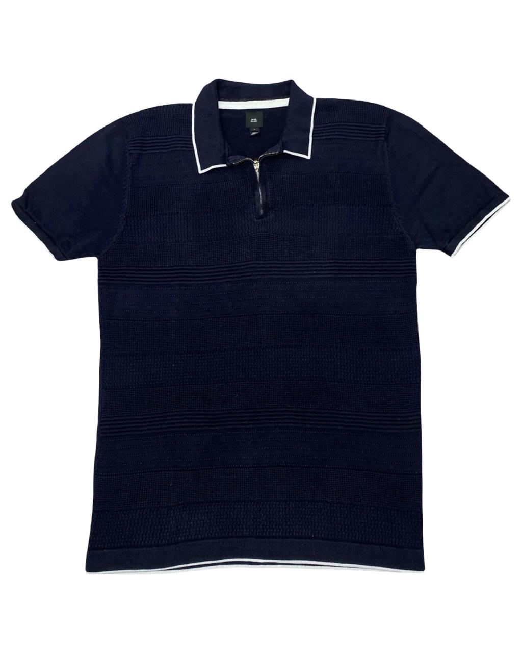 River Island Navy Textured Zip Polo Shirt | Size Small | Chest 20”
