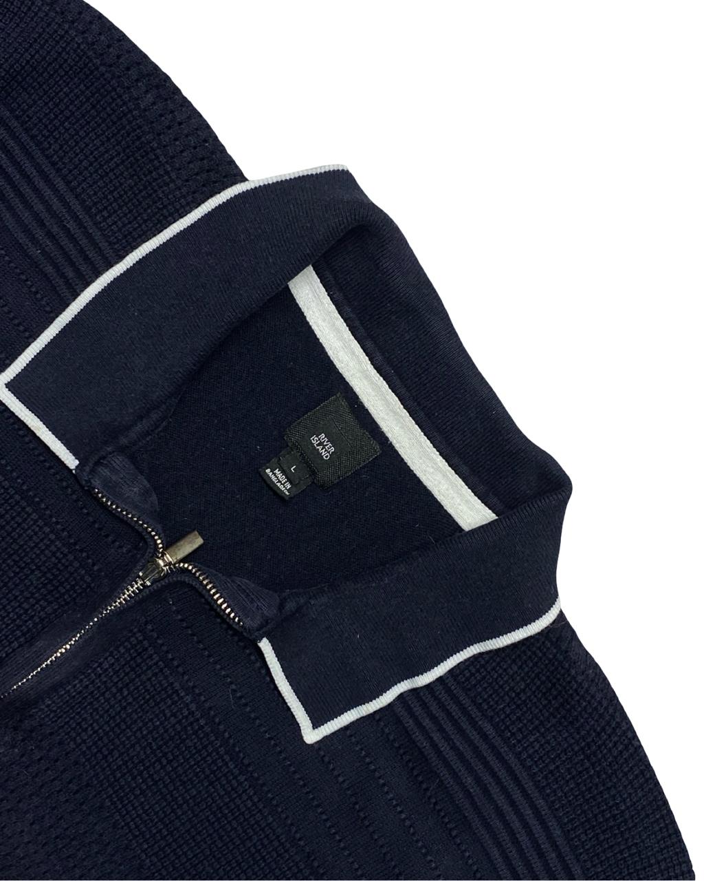 River Island Navy Textured Zip Polo Shirt | Size Small | Chest 20”