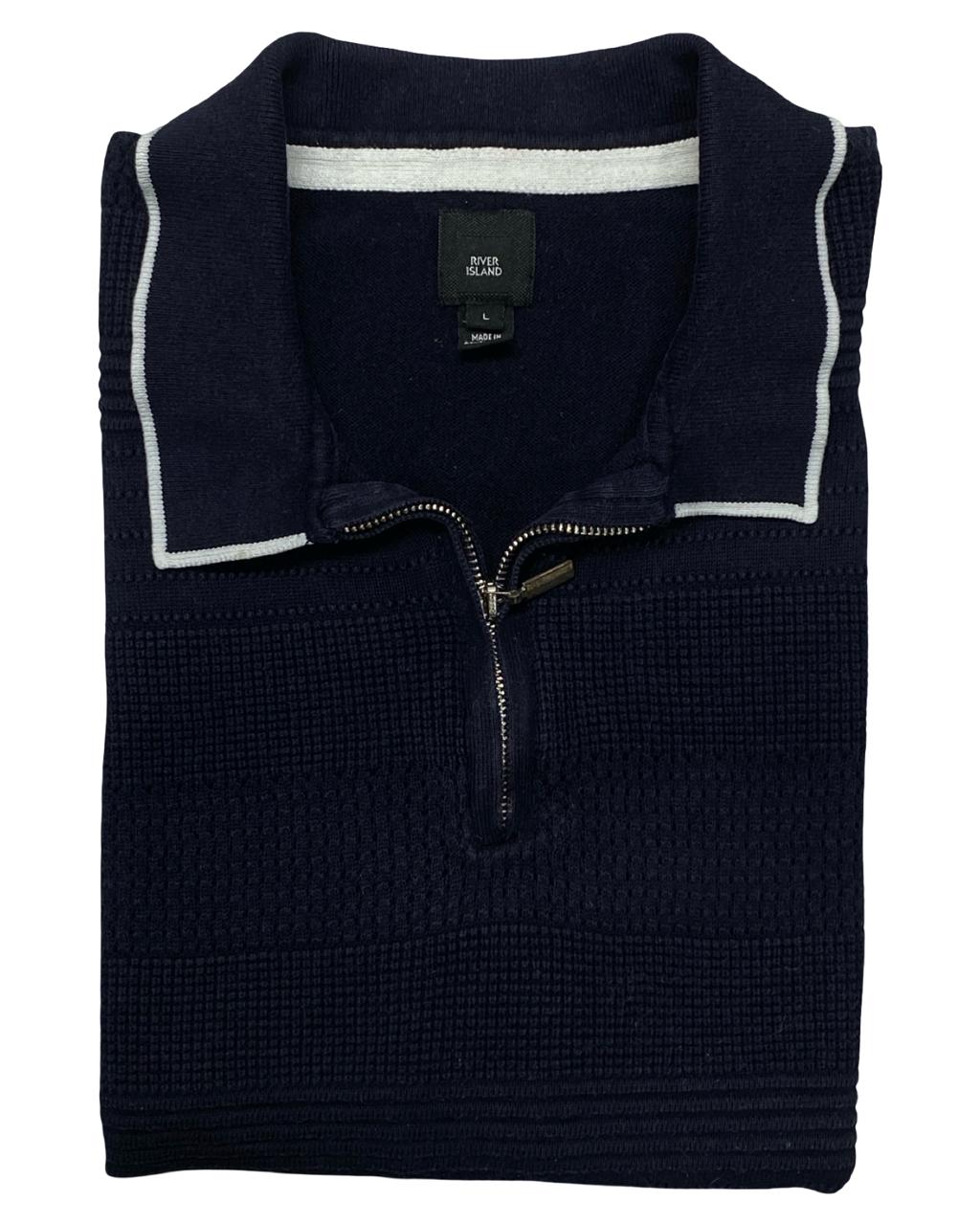 River Island Navy Textured Zip Polo Shirt | Size Small | Chest 20”