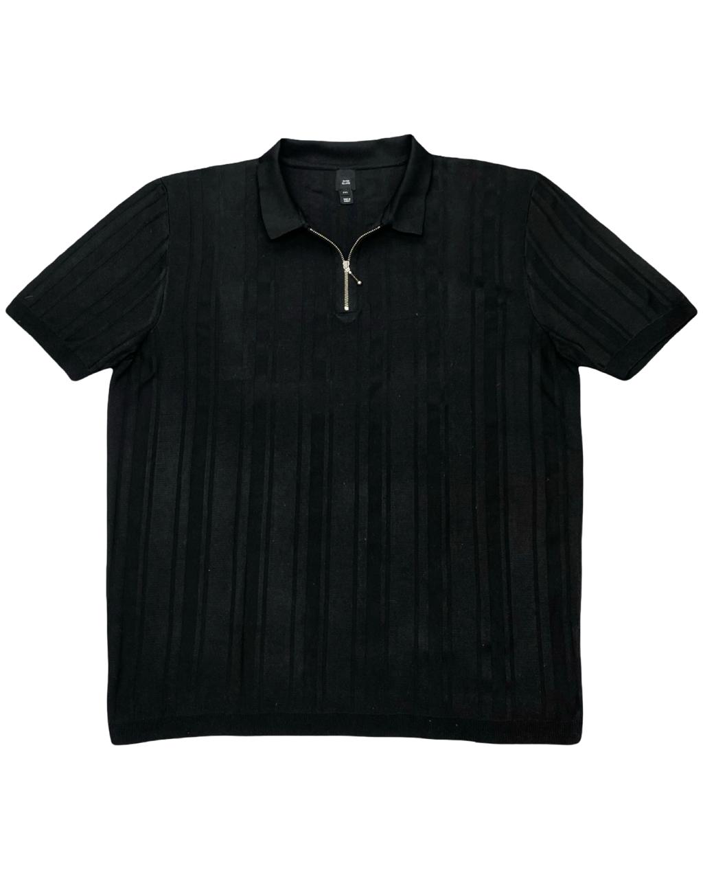 River Island Black Textured Knit Zip Polo Shirt | Size Large | Chest 23.5”