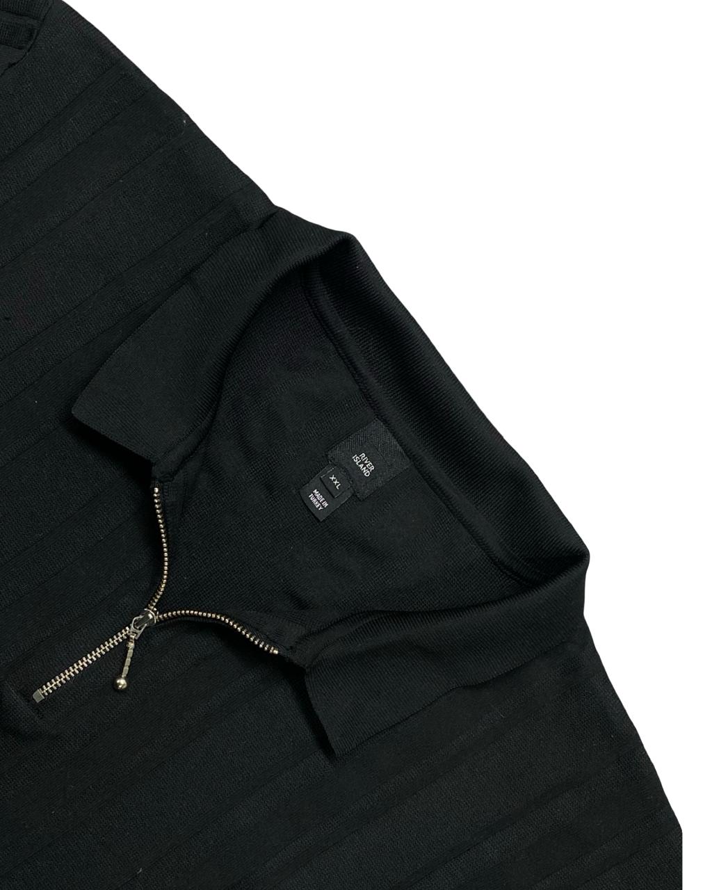 River Island Black Textured Knit Zip Polo Shirt | Size Large | Chest 23.5”
