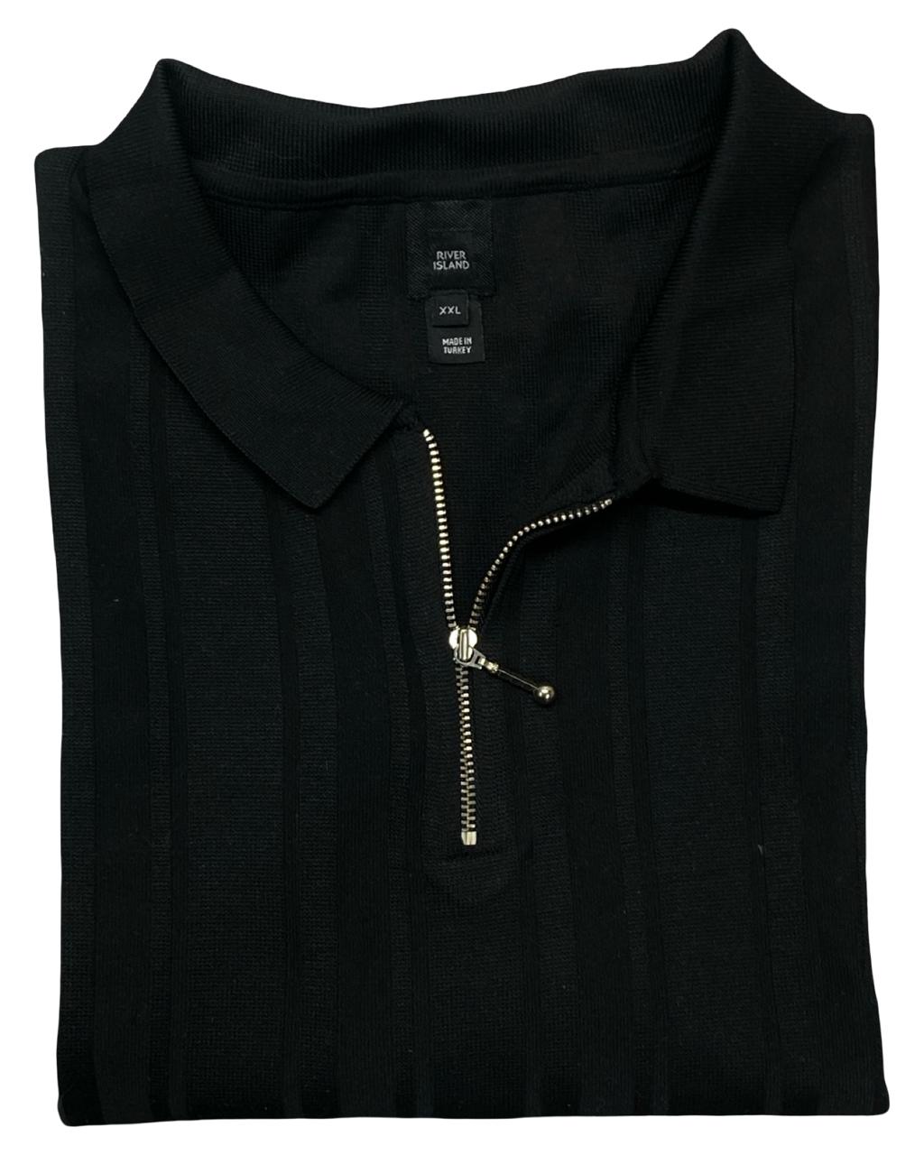 River Island Black Textured Knit Zip Polo Shirt | Size Large | Chest 23.5”